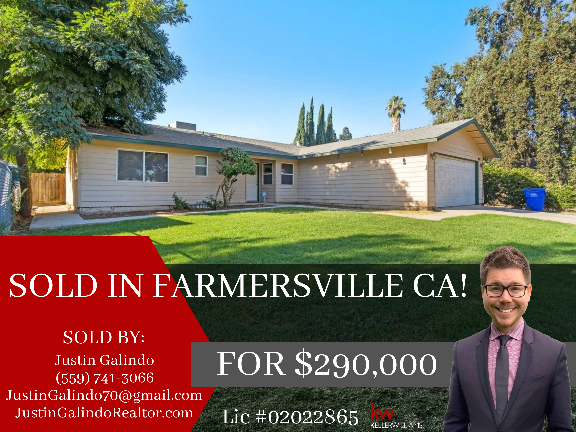 Front view of a single-story house with tan siding, a gray roof, and a garage. The yard is grassy with some trees and bushes. The image has a red overlay with the text 'SOLD IN FARMERSVILLE CA!' and contact information in the lower section, along wit