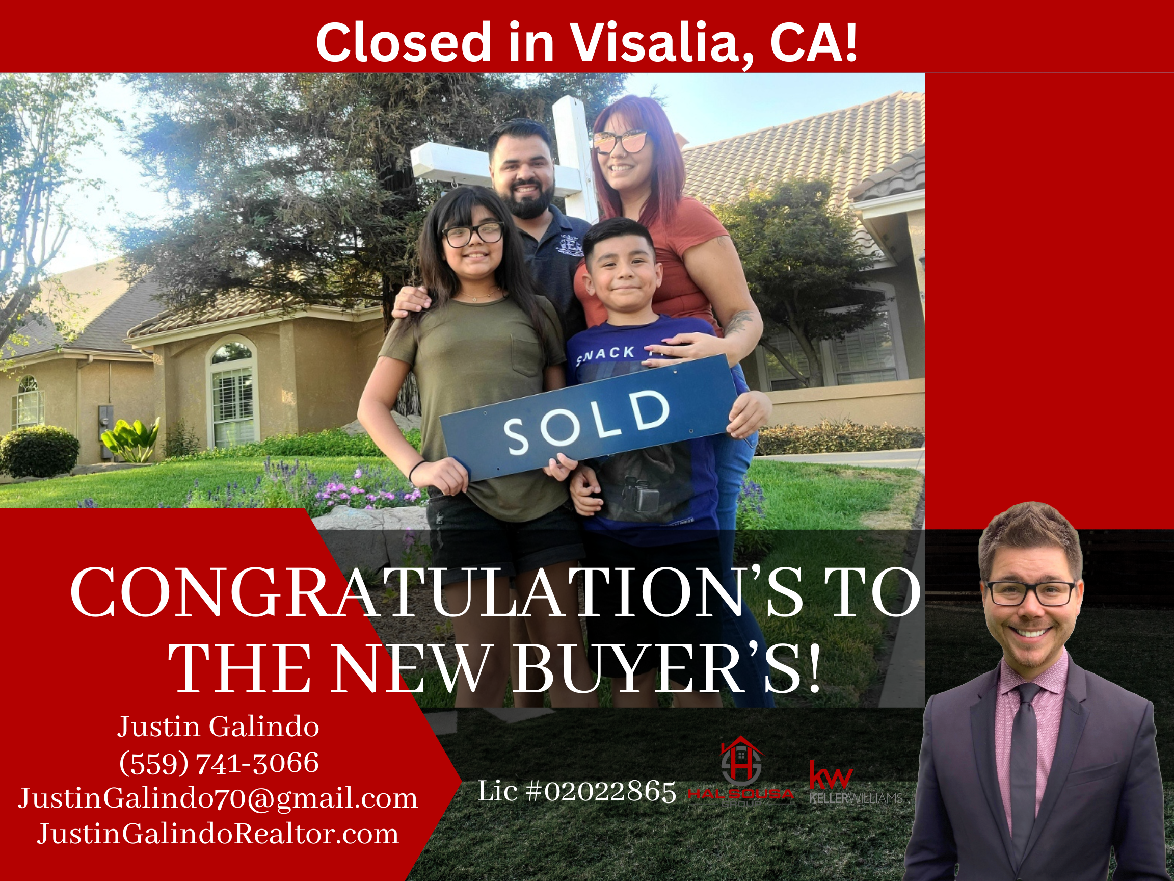 A family of four, including two children and two adults, standing in front of a house holding a sign that says "SOLD" with a smile. The background shows a well-maintained yard and a house with a tiled roof. The image is part of a real estate promotio