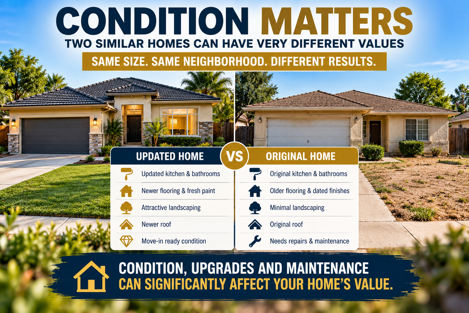 Updated vs original home showing how condition and upgrades affect home value in Visalia CA