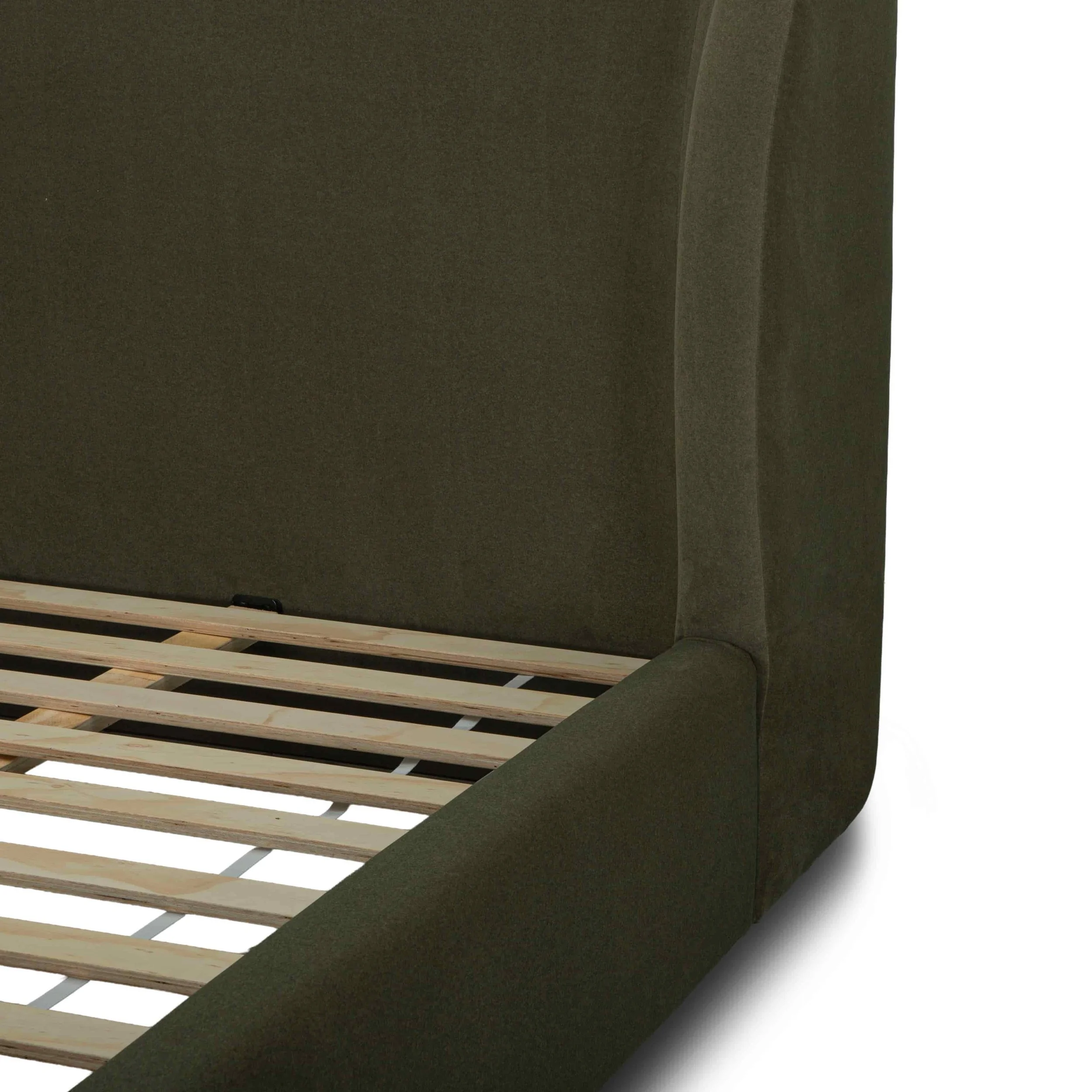 Detail of wingback headboard on 77 king size upholstered bed