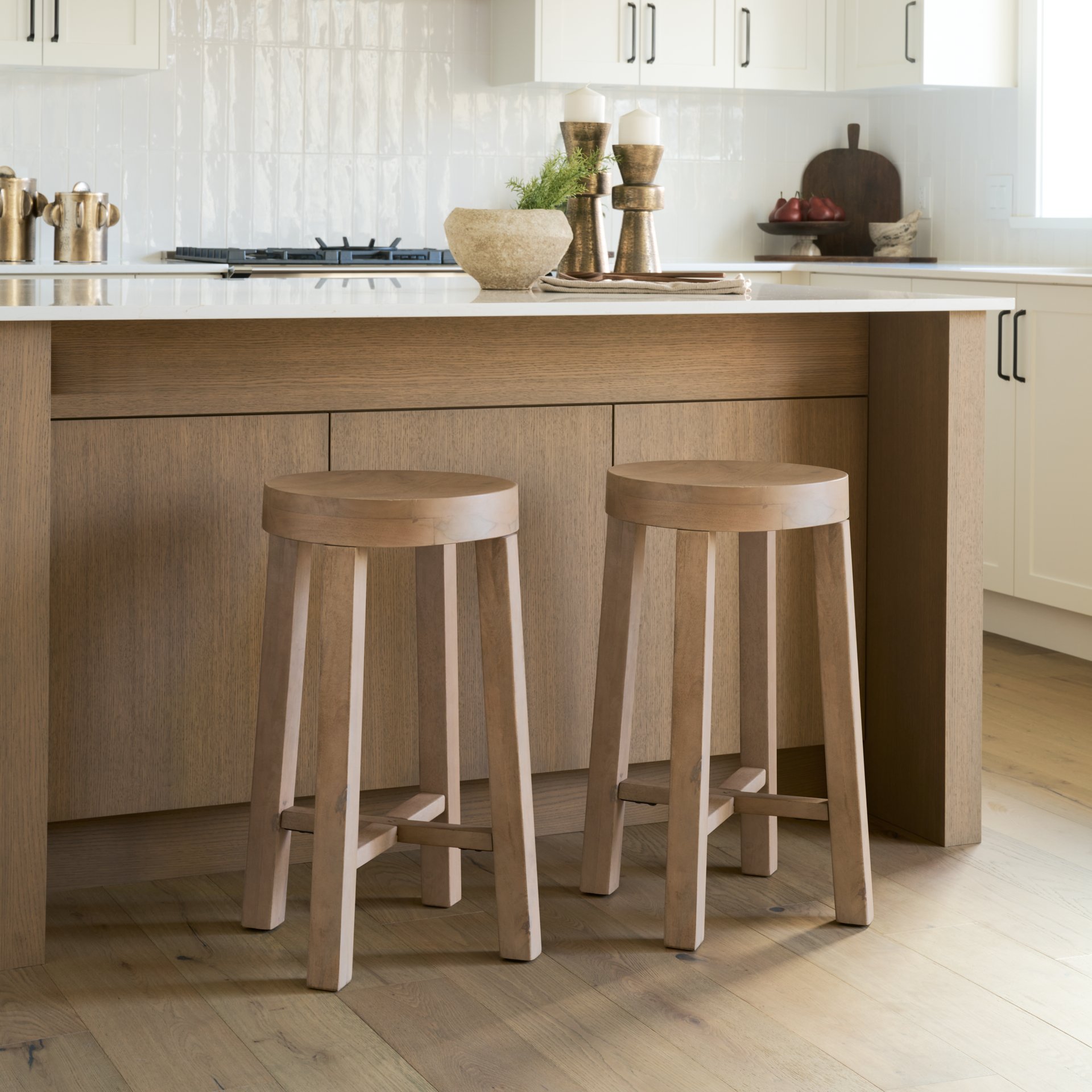 Medium Wood Counter Stool Round Top Backless Staged in Kitchen.jpeg