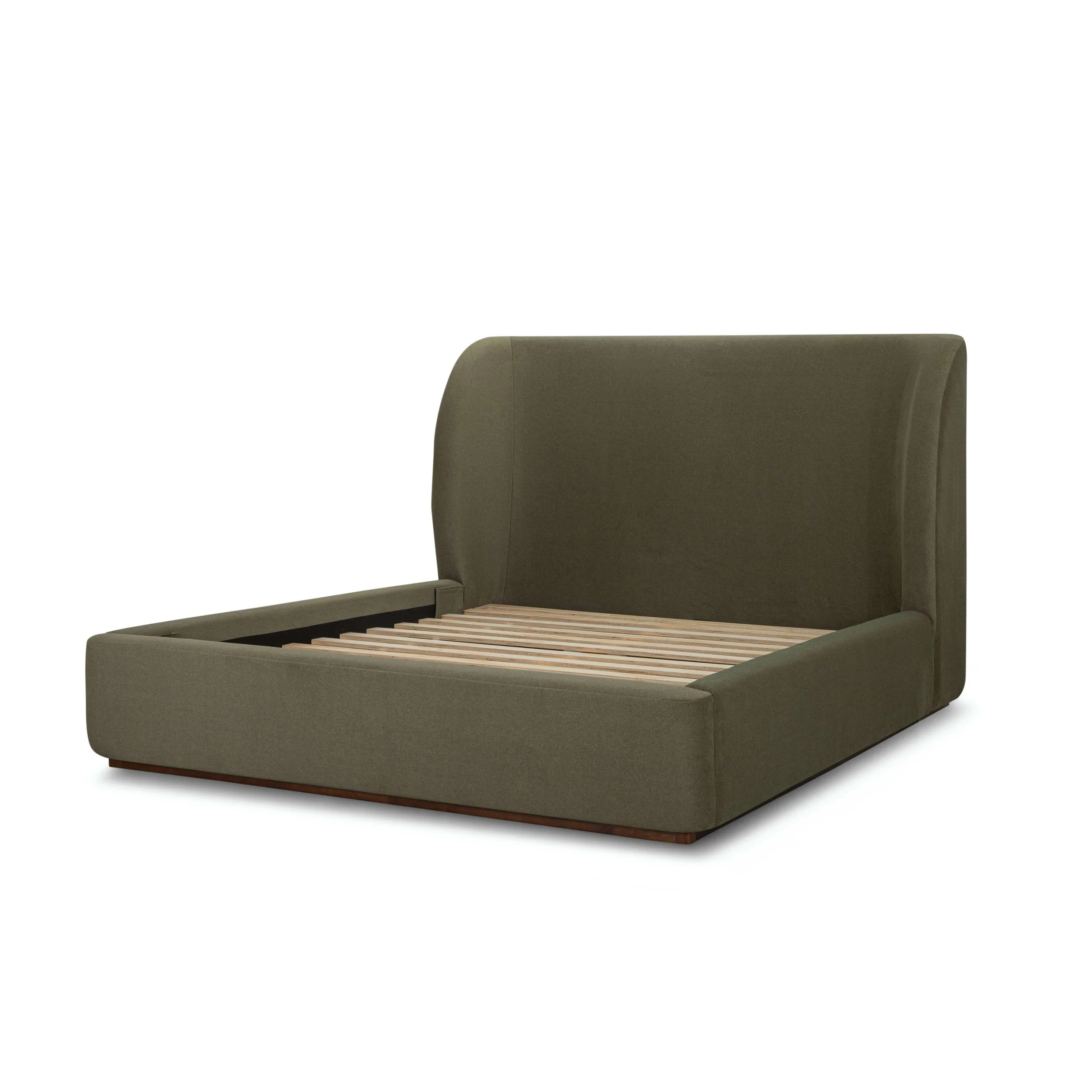 77 queen bed with sculptural winged upholstered headboard