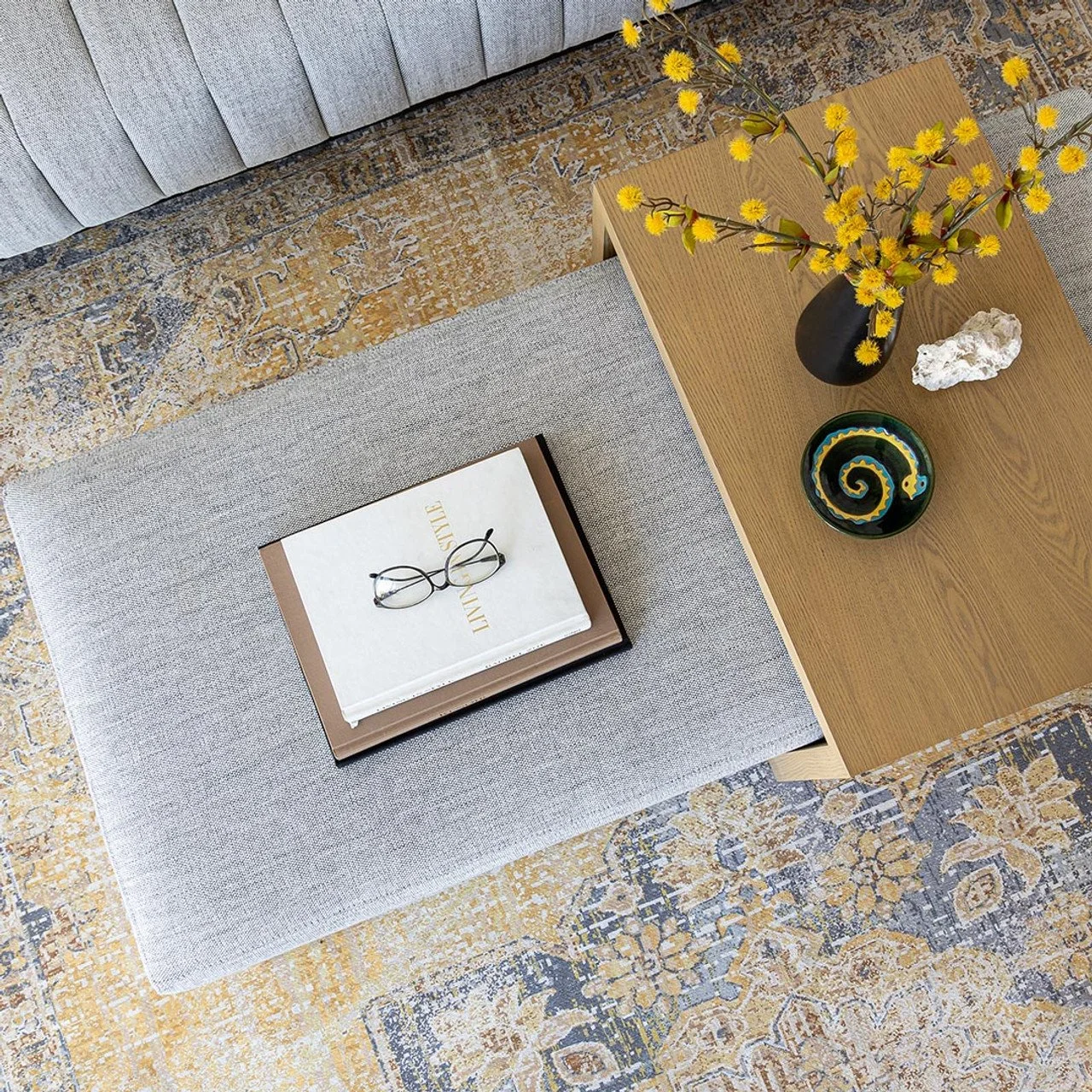 Stone Ottoman with Oak Table - Coffee Table Styling