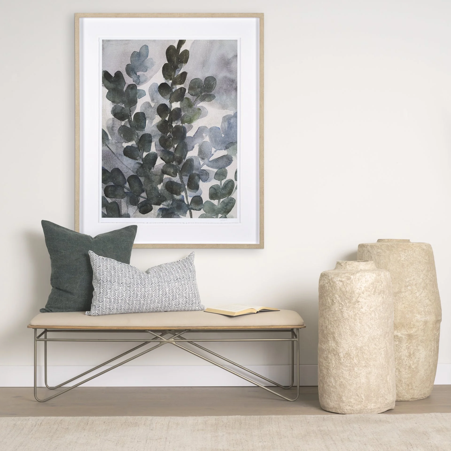 Green textured linen pillow cover styled in Scandinavian entry way. (Copy) (Copy)