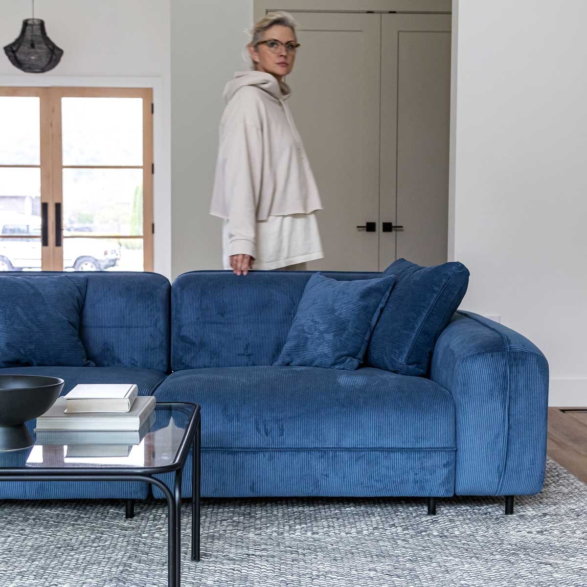 Blue corduroy sofa made in Canada