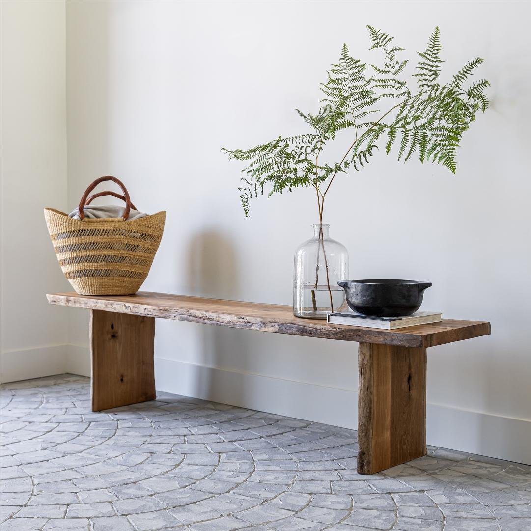 Minimal entryway featuring the 87 Solid Teak Wood Bench styled with neutral coats, woven baskets, and soft West Coast lighting.jpg
