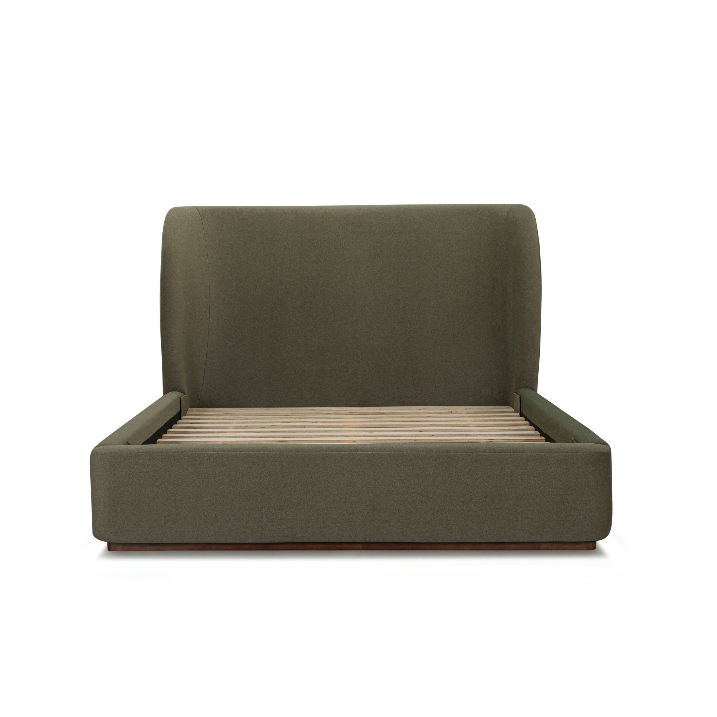 Modern 77 queen bed upholstered in deep green velvet fabric
