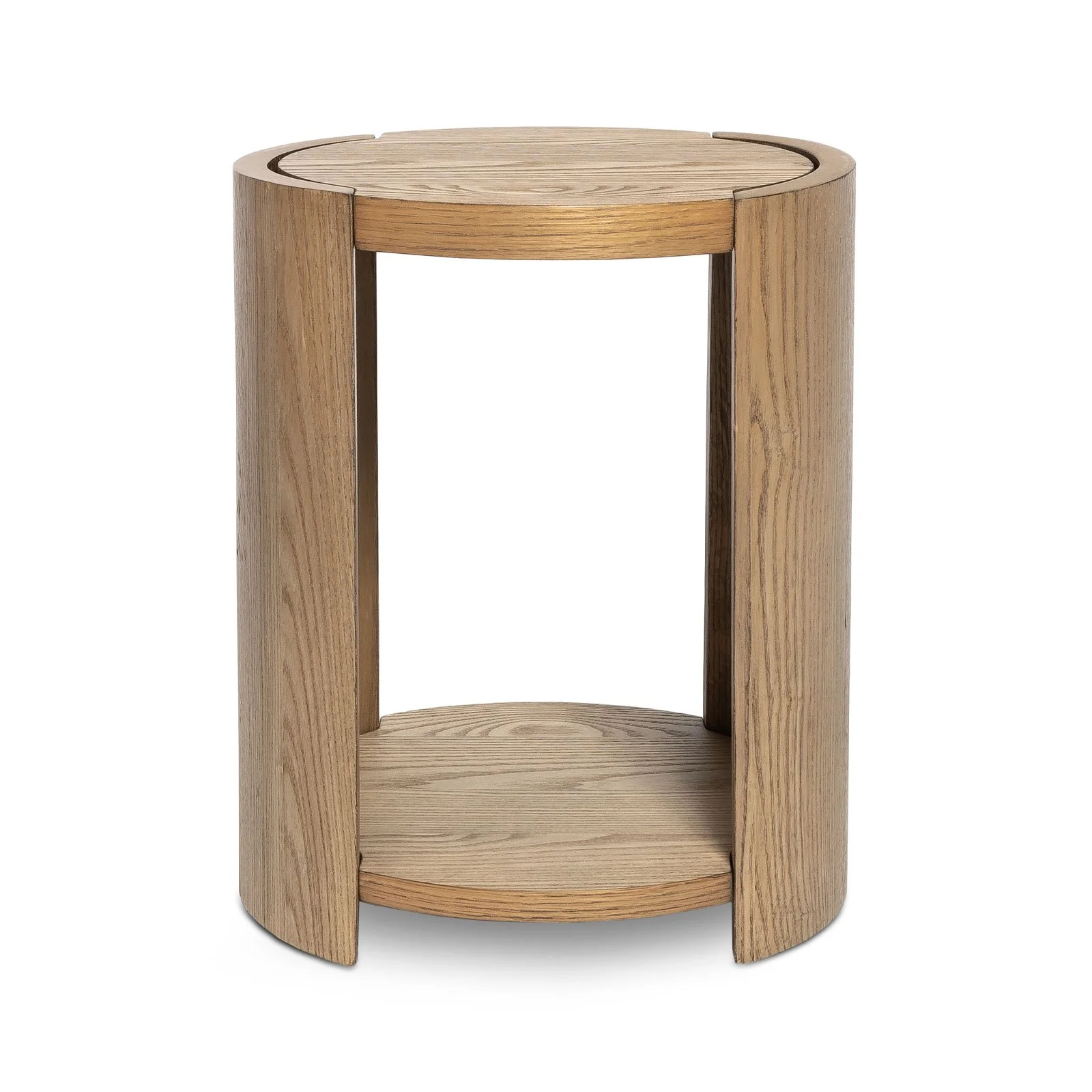 8 Side Table in natural oak with curved C-shaped supports and round top – straight-on view