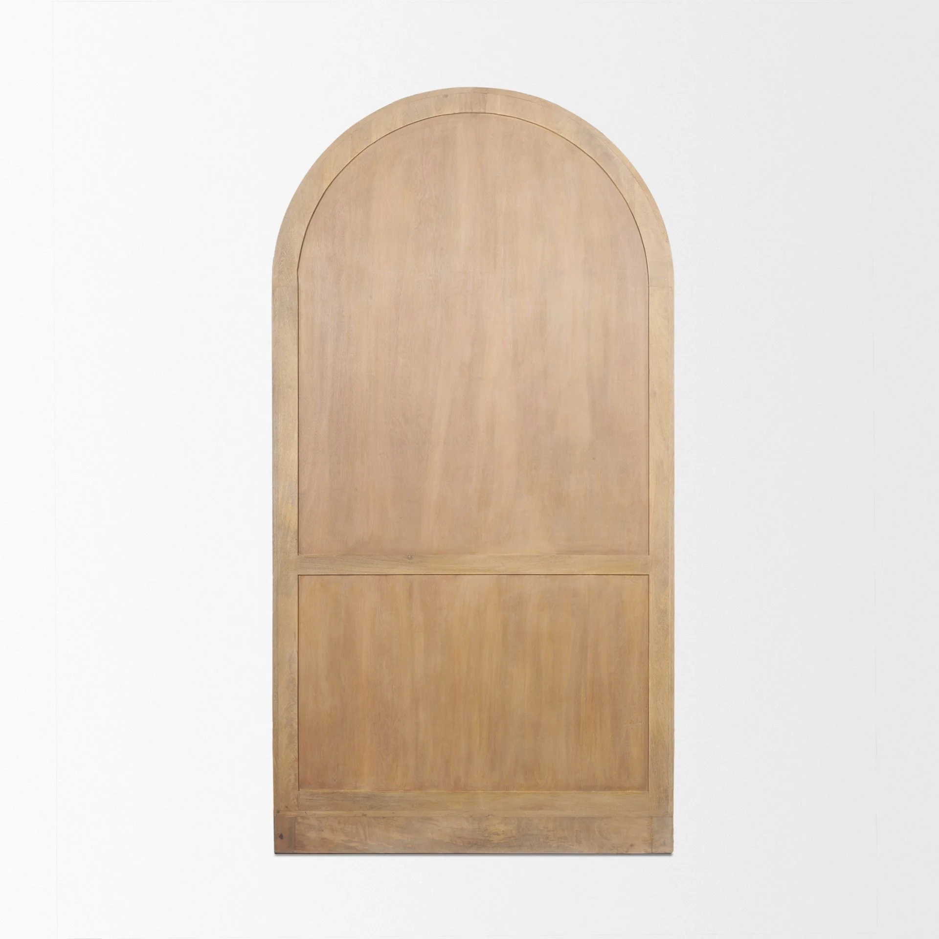 Back of the 223 arched mango wood display cabinet in light brown finish, with handmade brass knobs and sculptural arched frame.