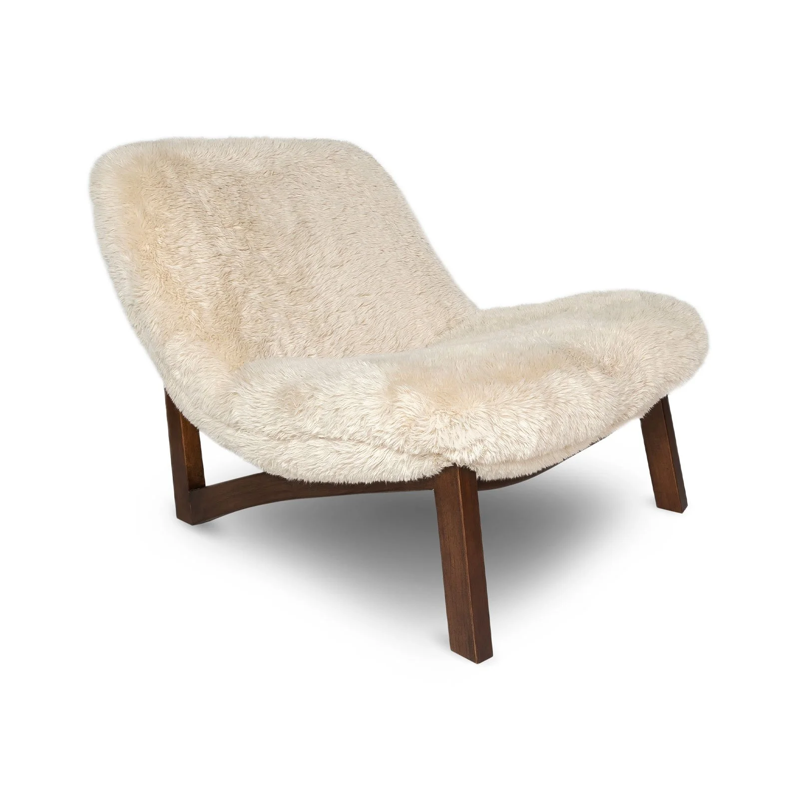 Modern shearling accent chair with solid wood frame in a neutral living room