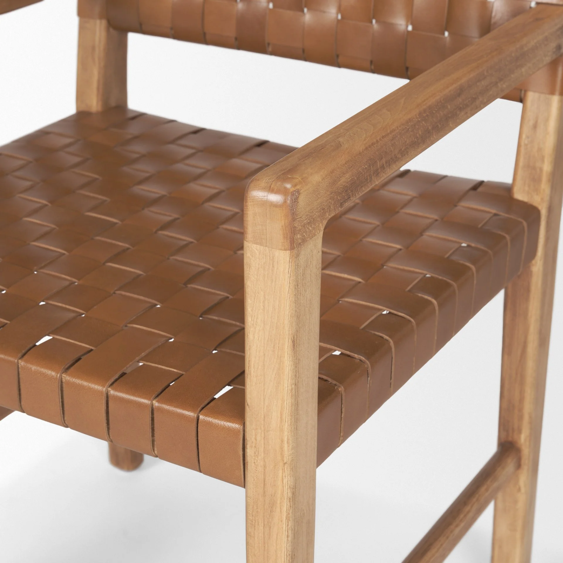 Woven buffalo leather dining chair with solid wood arm frame