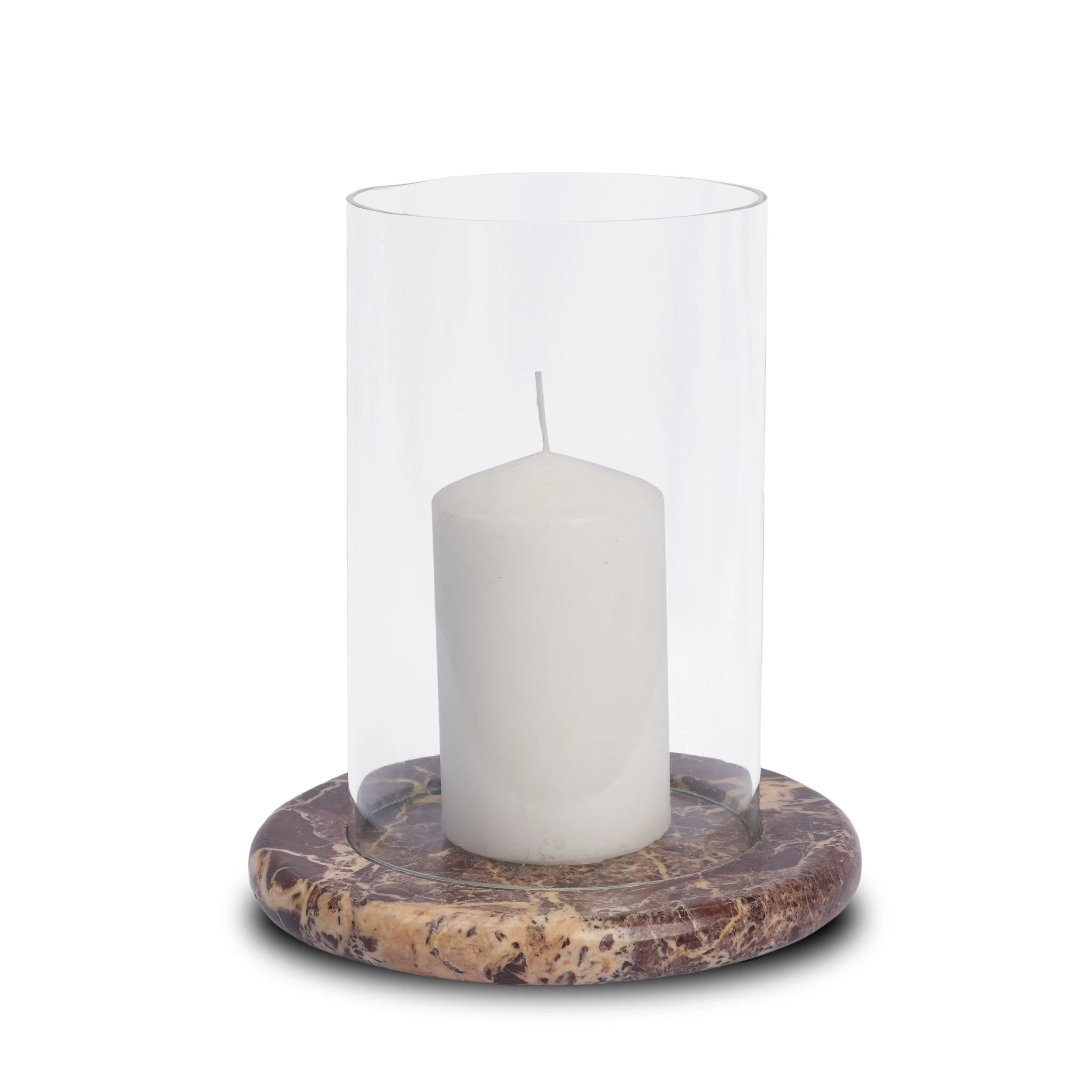 Red marble and glass hurricane candle holder on a neutral background.