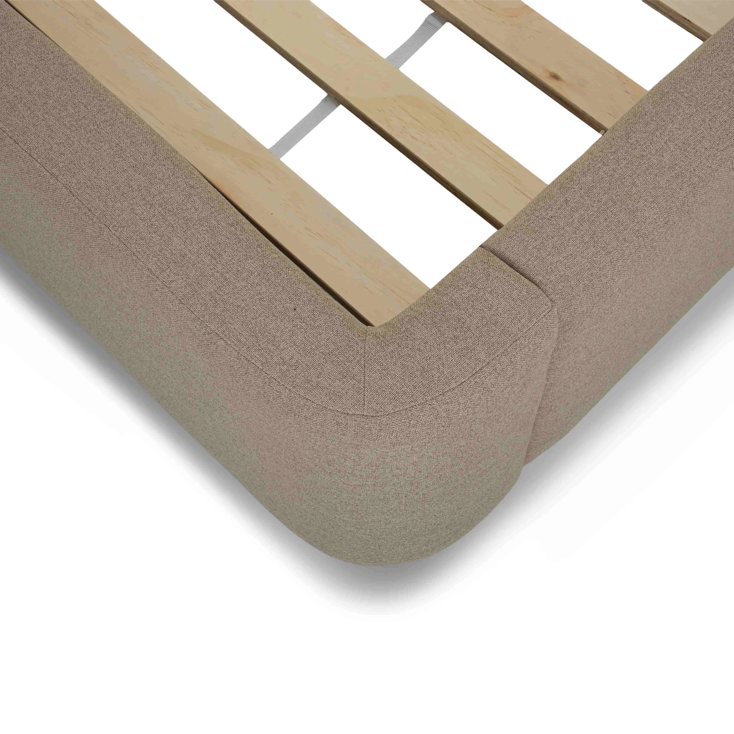 89 Velvet Tan Upholstered Bed - King Platform Bed - Bottom Corener and Wood Slats.jpg