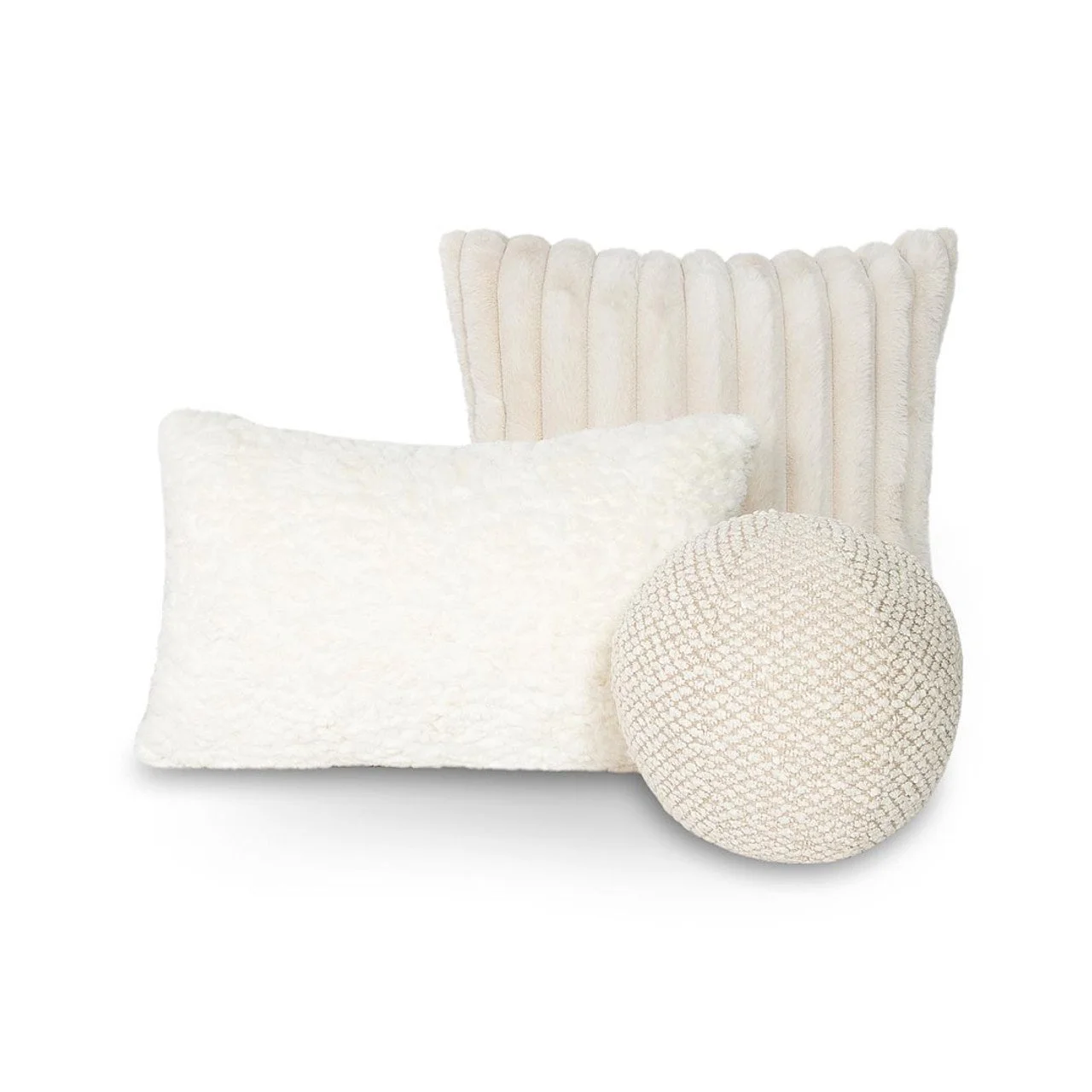 Winter White Cushions Set of 3 - Round Pillow Square Pillow and Rectangular Pillow Faux Fur - 01.jpeg