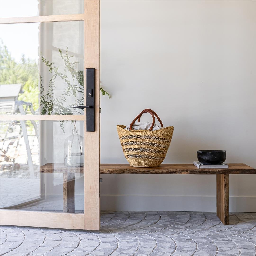 Modern entryway featuring the 87 Solid Teak Wood Bench.jpg