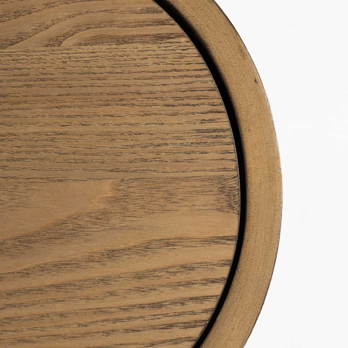Close-up of natural oak wood grain and curved support panel on the 8 Side Table - top view