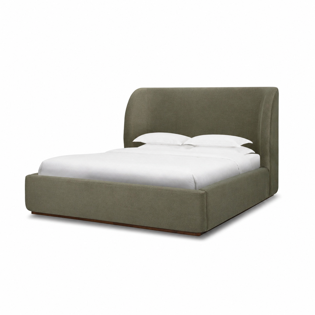 77 queen bed upholstered in deep green Velvet Fern fabric with winged headboard