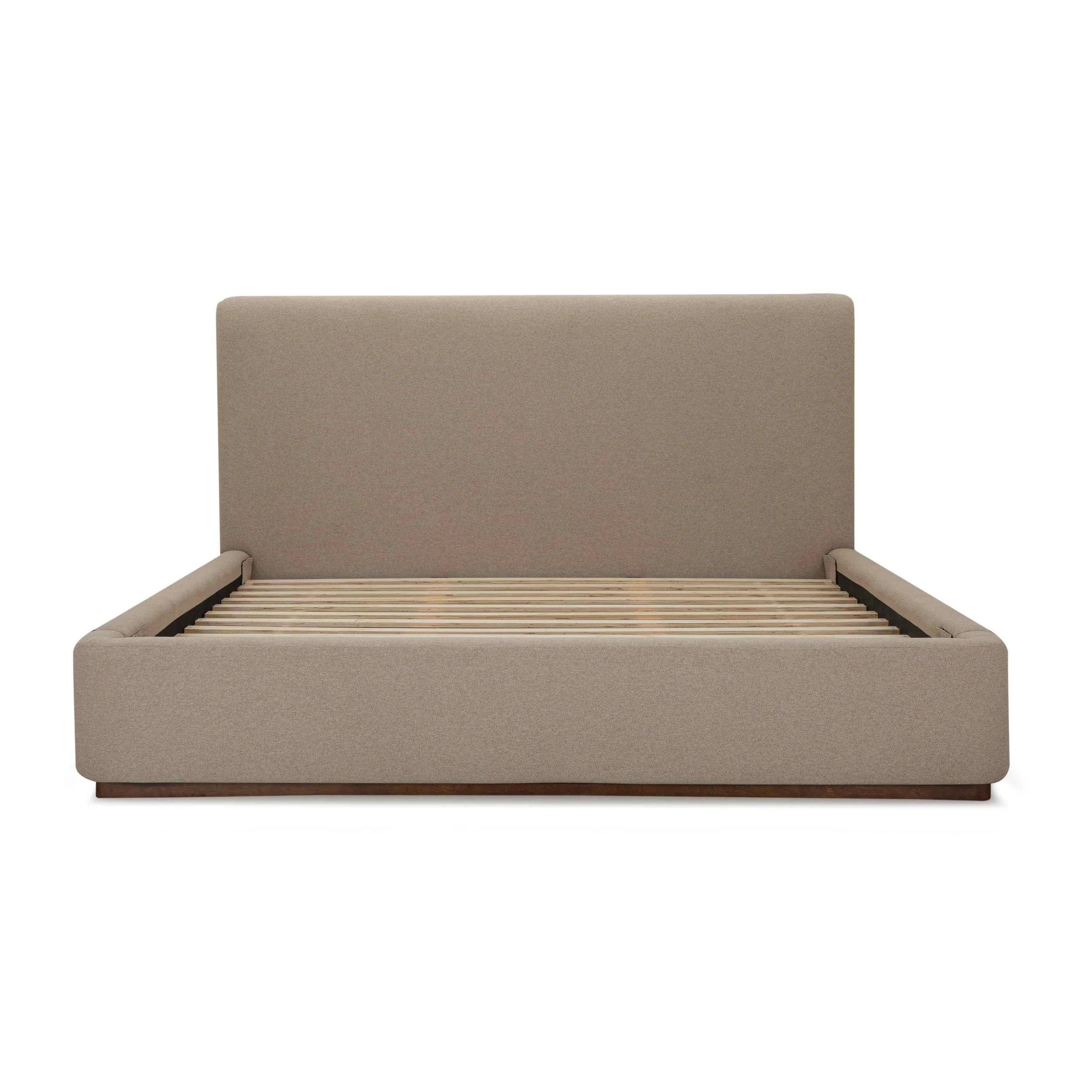 89 Velvet Tan Upholstered Bed - King Platform Bed - Front View with Wood Slats.jpg