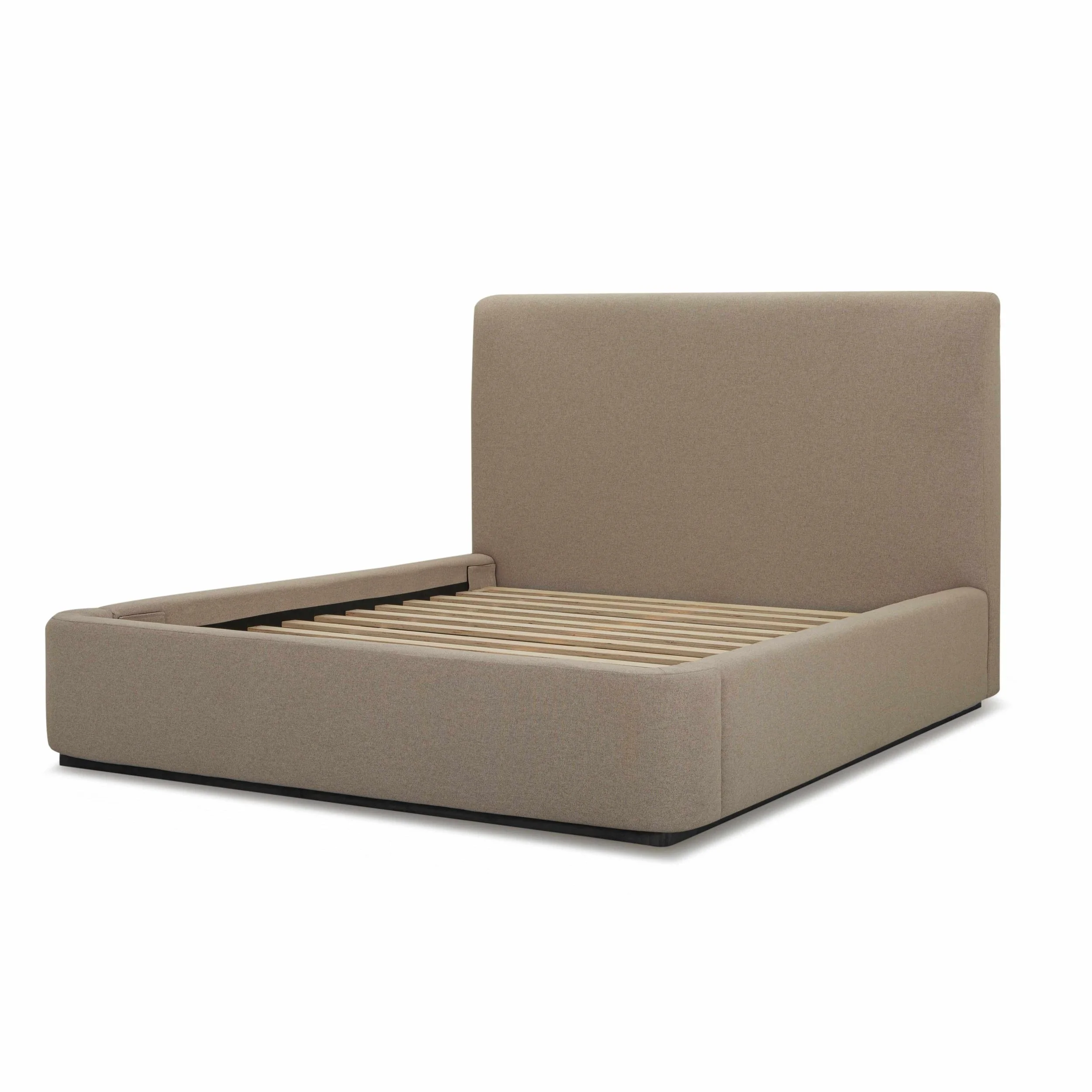 89 Velvet Tan Upholstered Bed - Queen Platform Bed - Bed Slats Side View