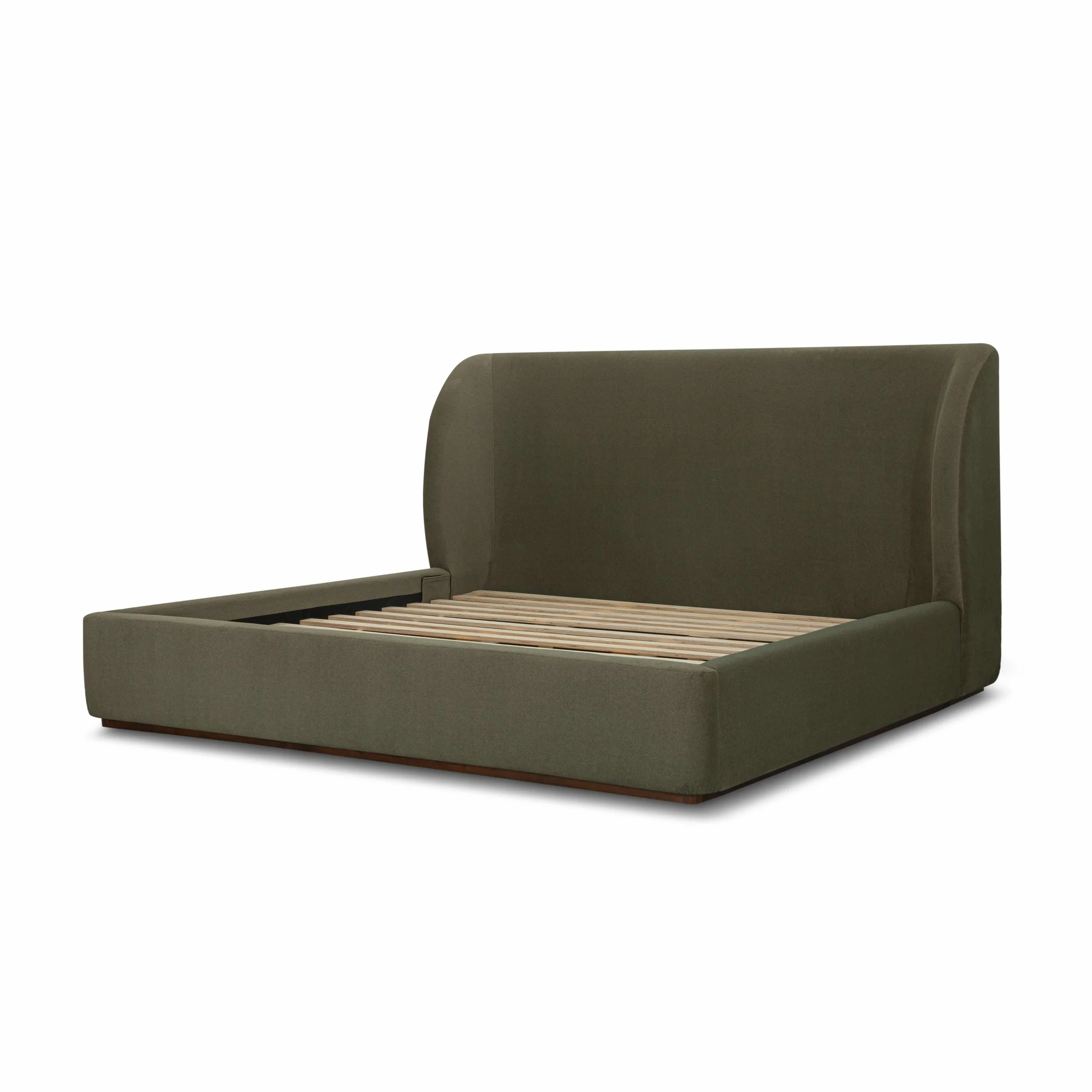 77 king size bed with sculptural winged upholstered headboard