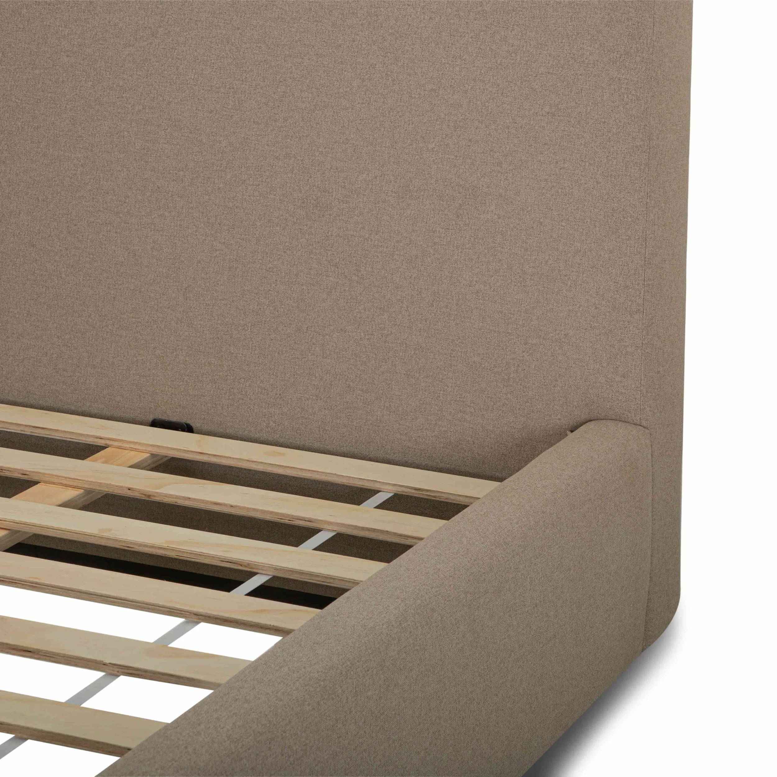 89 Velvet Tan Upholstered Bed - King Platform Bed - Side Board and wood Slats.jpg