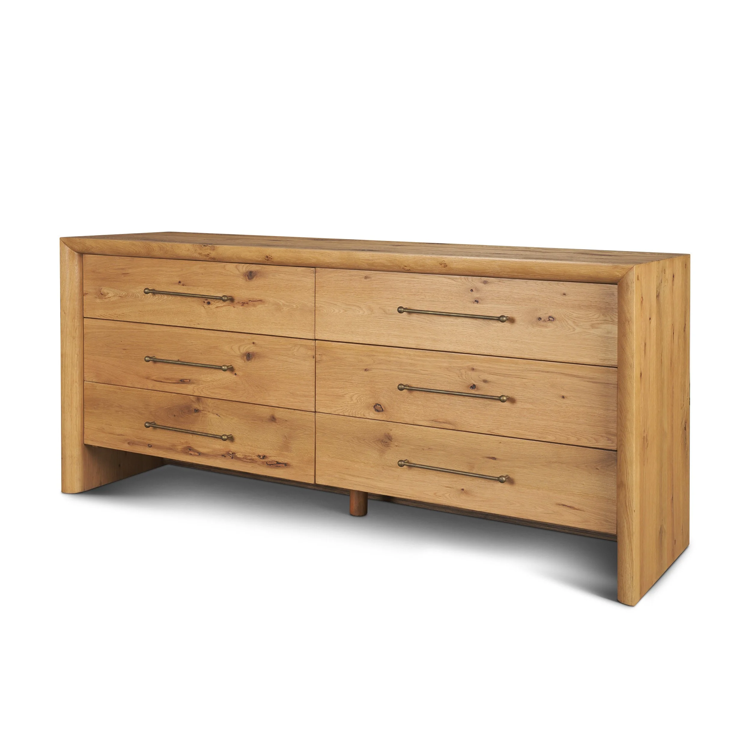 13 Dresser – Front View Light brown oak dresser with six spacious drawers, antique brass bar pulls and a clean, substantial silhouette..jpeg
