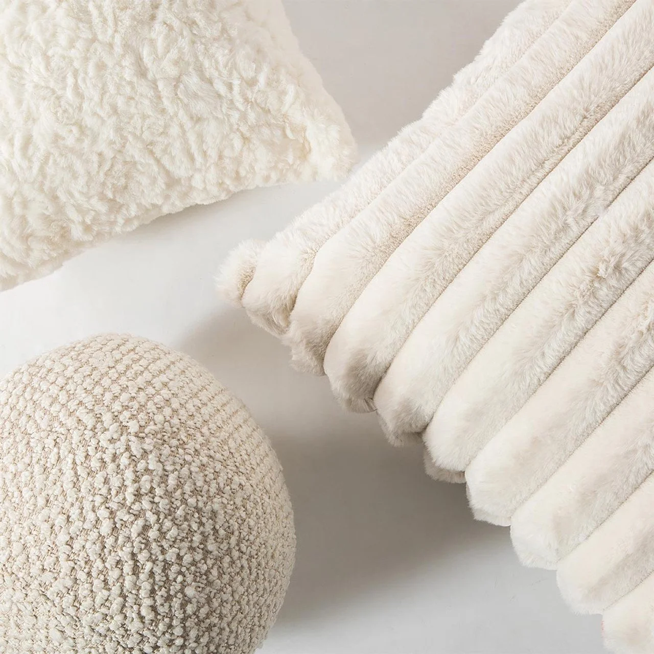 Ivory Cream Cushions Set of 3 - Round Pillow Square Pillow and Rectangular Pillow Faux Fur - 04.jpeg