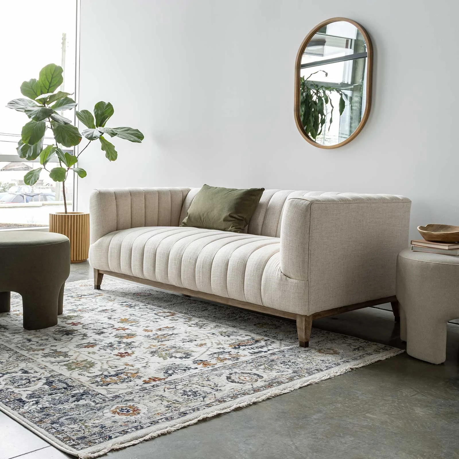 Cream Line Tuffed Cream Loveseat Styled in Livingroom.jpg