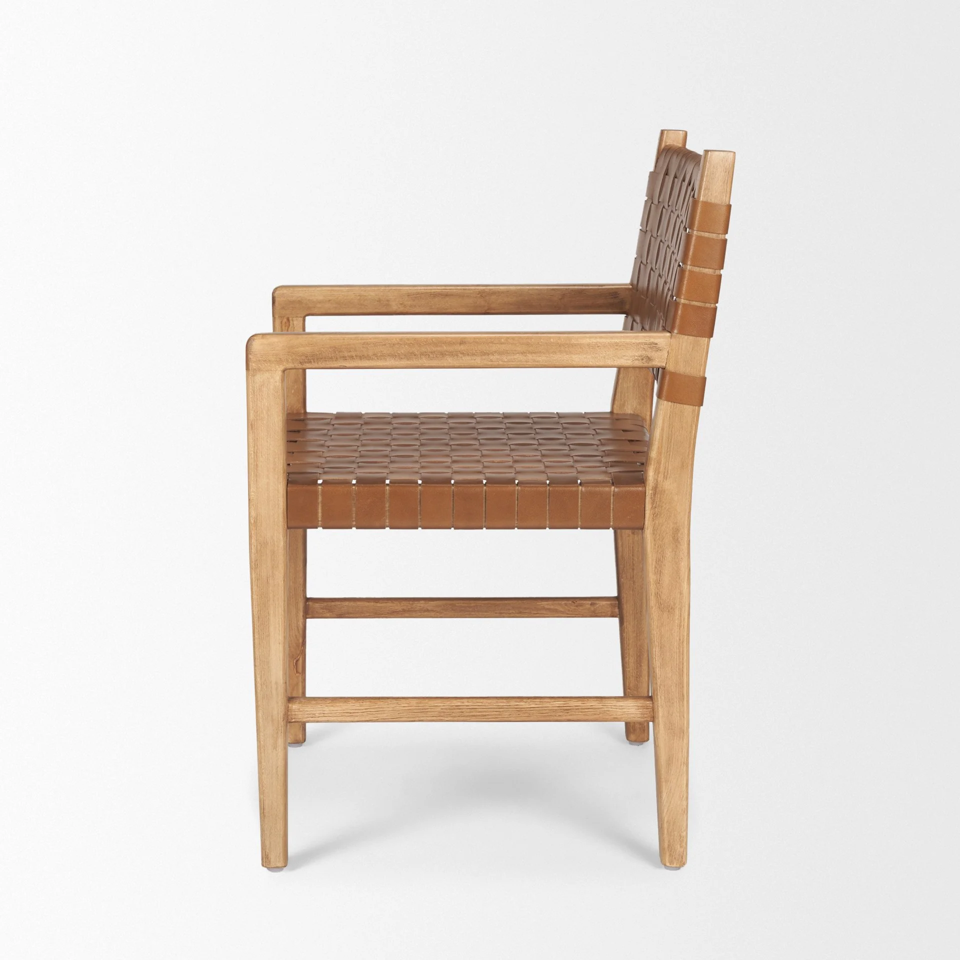 Modern dining chair with woven leather detailing and natural solid wood frame