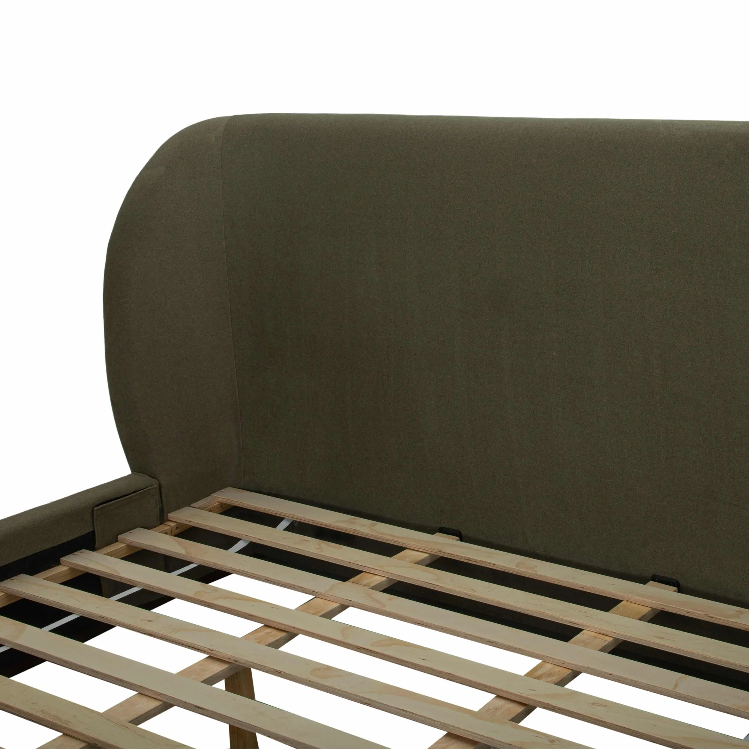 Close-up of Velvet Fern fabric on 77 king size upholstered bed