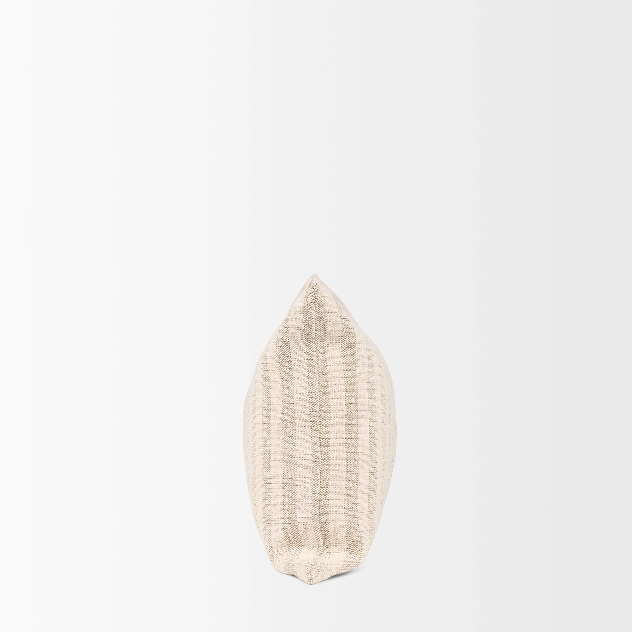 Side detail of cream and linen striped lumbar pillow