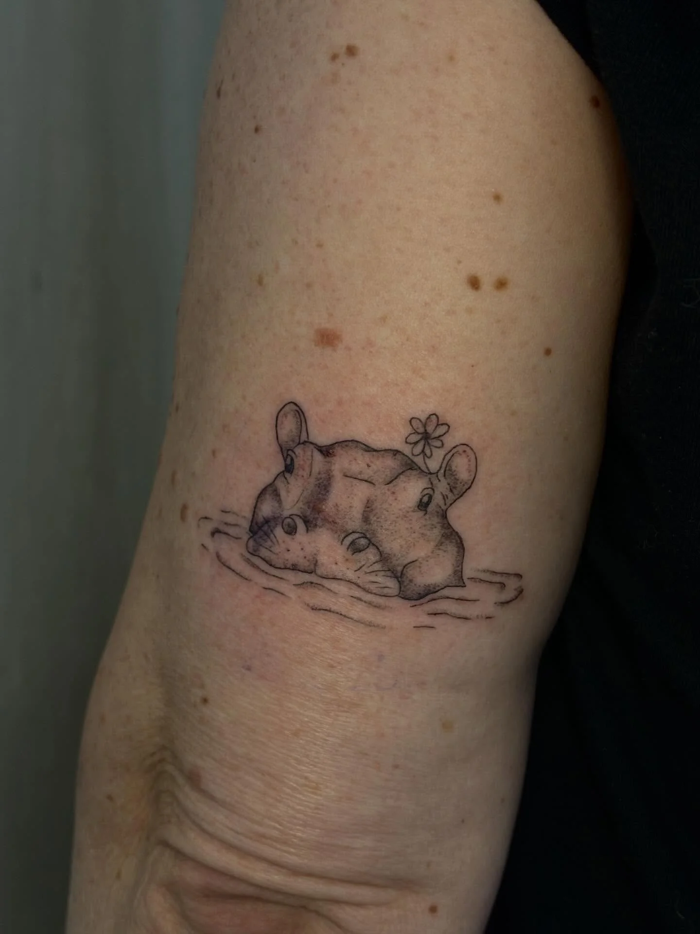 Lola l&rsquo;hippo 💕🌸 merci Lynda d&rsquo;avoir choisi mon flash 🥹🦛

#tattoo #fineline #hippo #hippopotamus #sabotagetattooqc