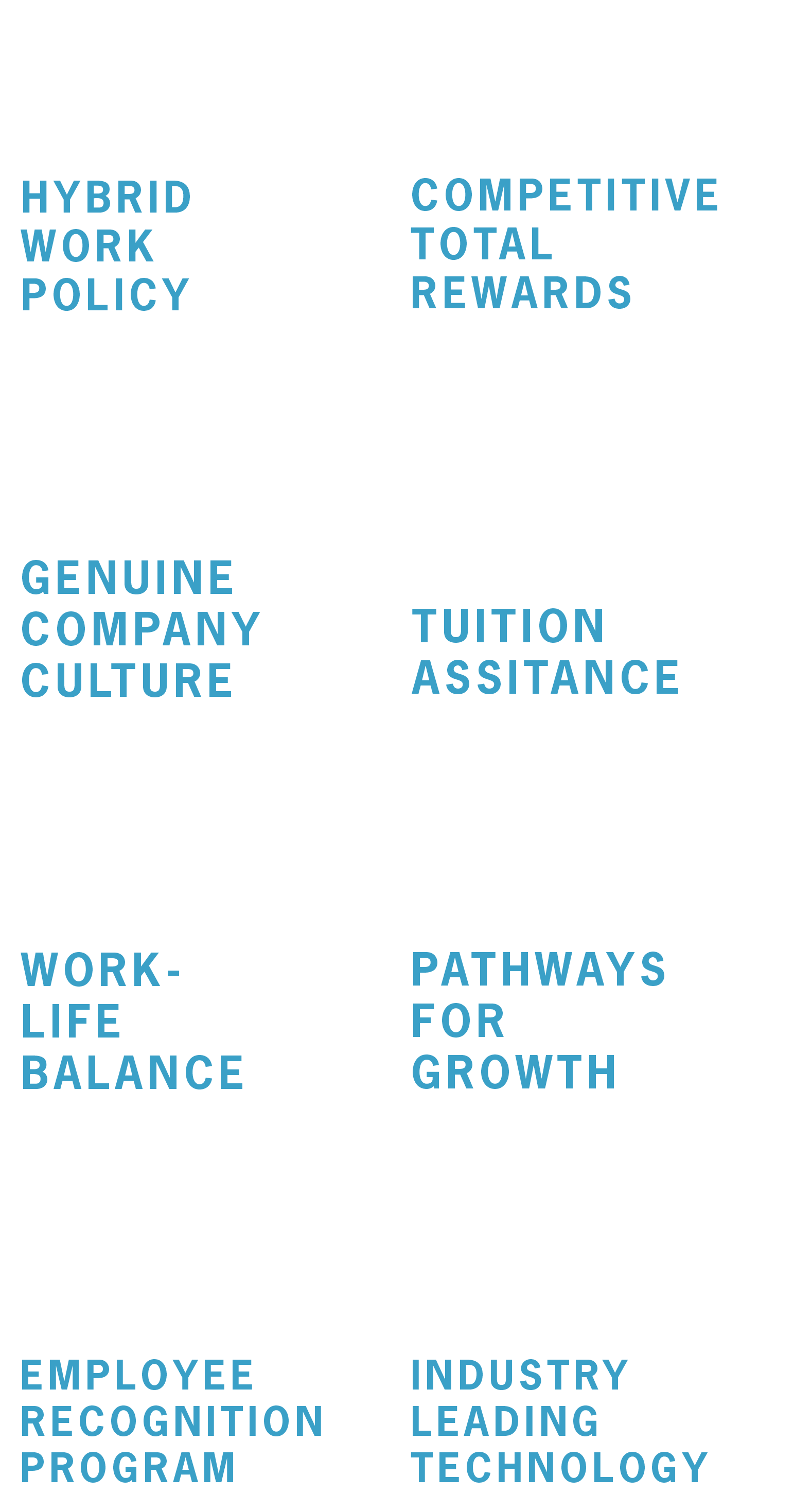 A grid of six boxes with blue text on a white background, outlining features like hybrid work policy, competitive total rewards, genuine company culture, tuition assistance, work-life balance, pathways for growth, employee recognition program, and industry-leading technology.