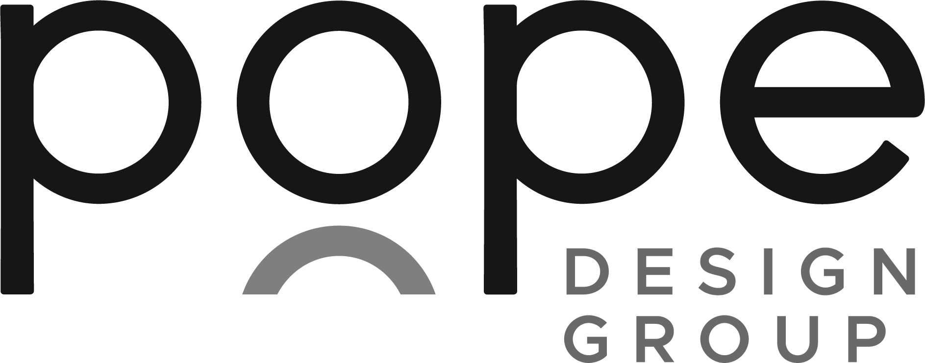 Logo of Pope Design Group with the words 'pope' in large black lowercase letters, a gray semi-circle and a gray arc, and 'DESIGN GROUP' in smaller gray uppercase letters.