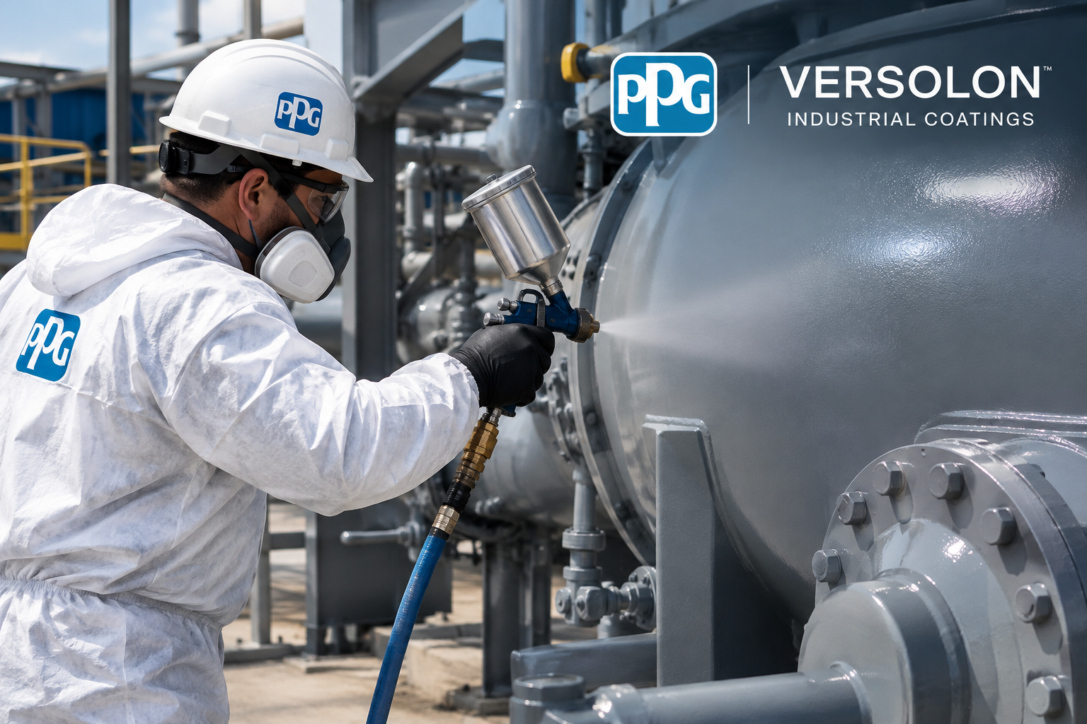 A worker wearing safety gear, including a white helmet and mask, sprays a coating onto industrial machinery at an outdoor industrial site.
