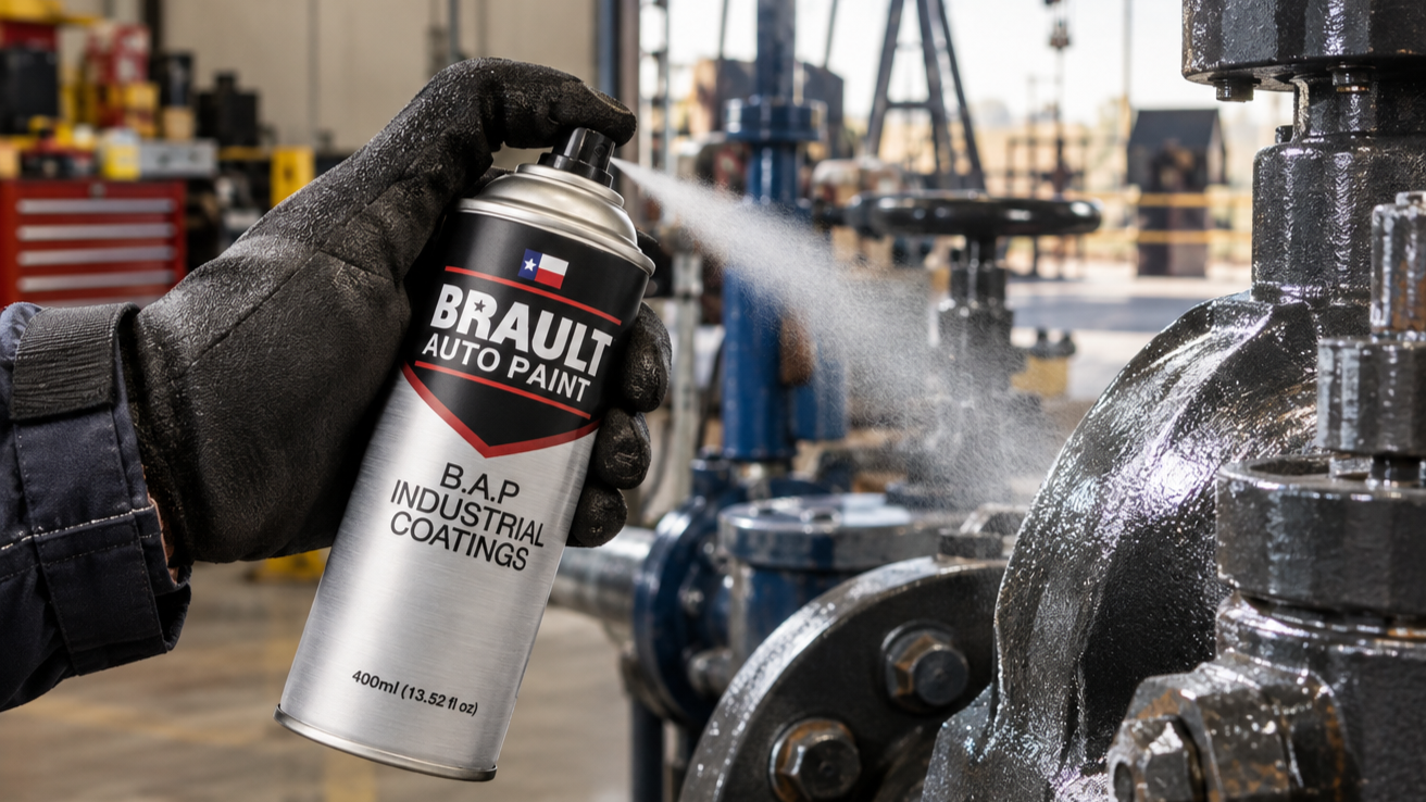 A person wearing a black glove using a spray can of Brault Auto Paint B.A.P industrial coatings on machinery in an industrial workshop.