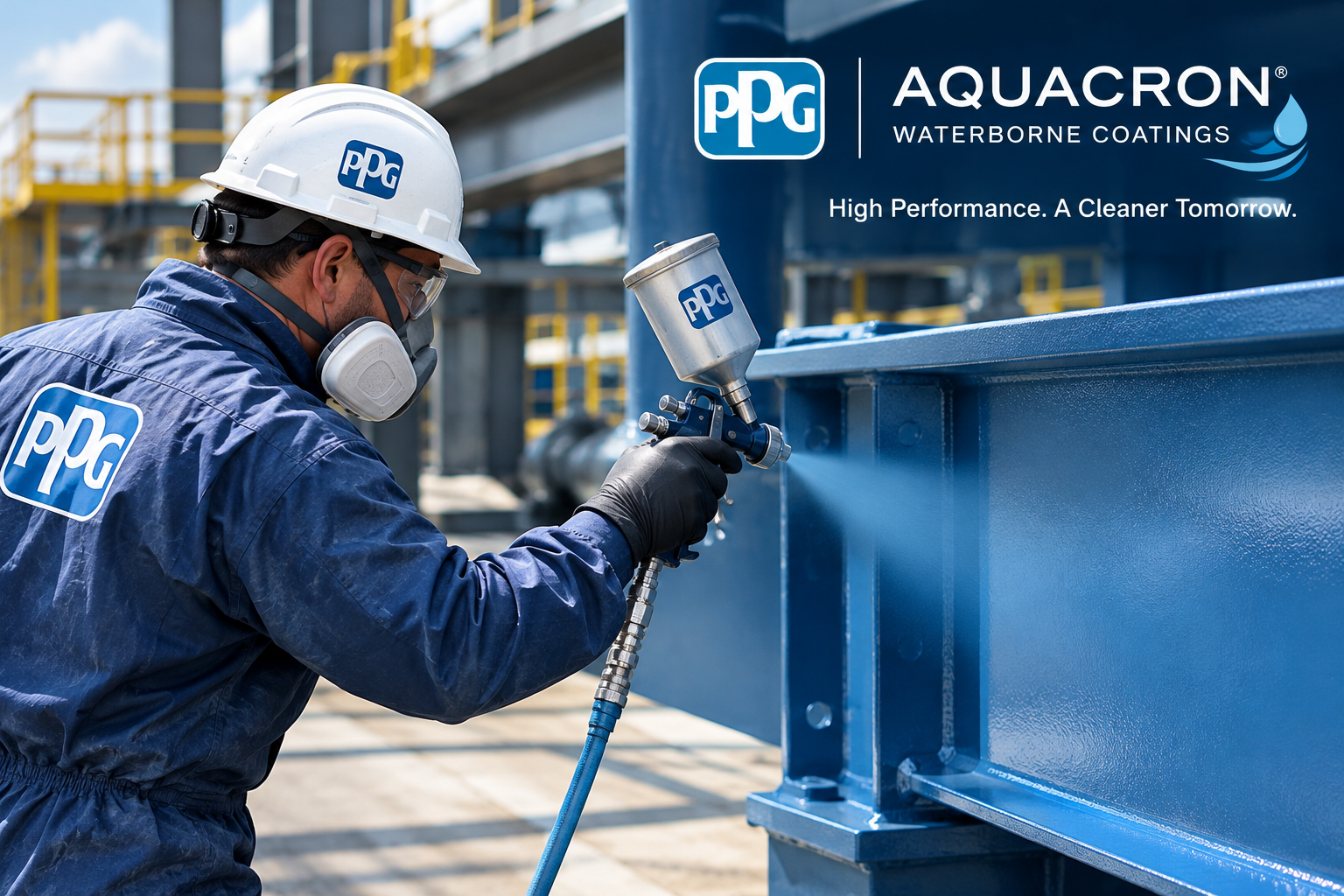 A worker in safety gear spray-paints a large blue metal container outdoors. The worker wears a white helmet with a PPG logo, safety glasses, a face mask, gloves, and a blue coveralls with a PPG logo. The background shows industrial structures and a cloudy sky.