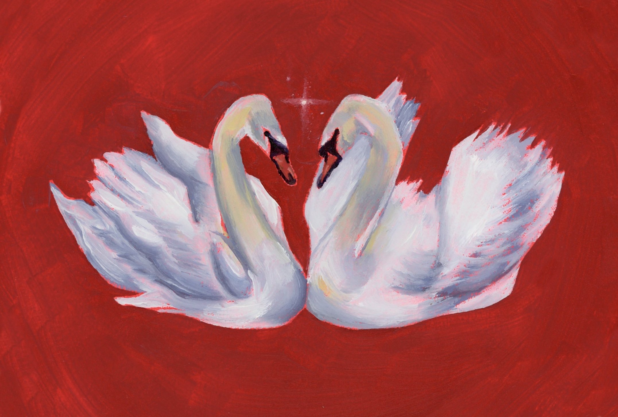Swans on Red Background (7.5" - round, Oil on Paper)