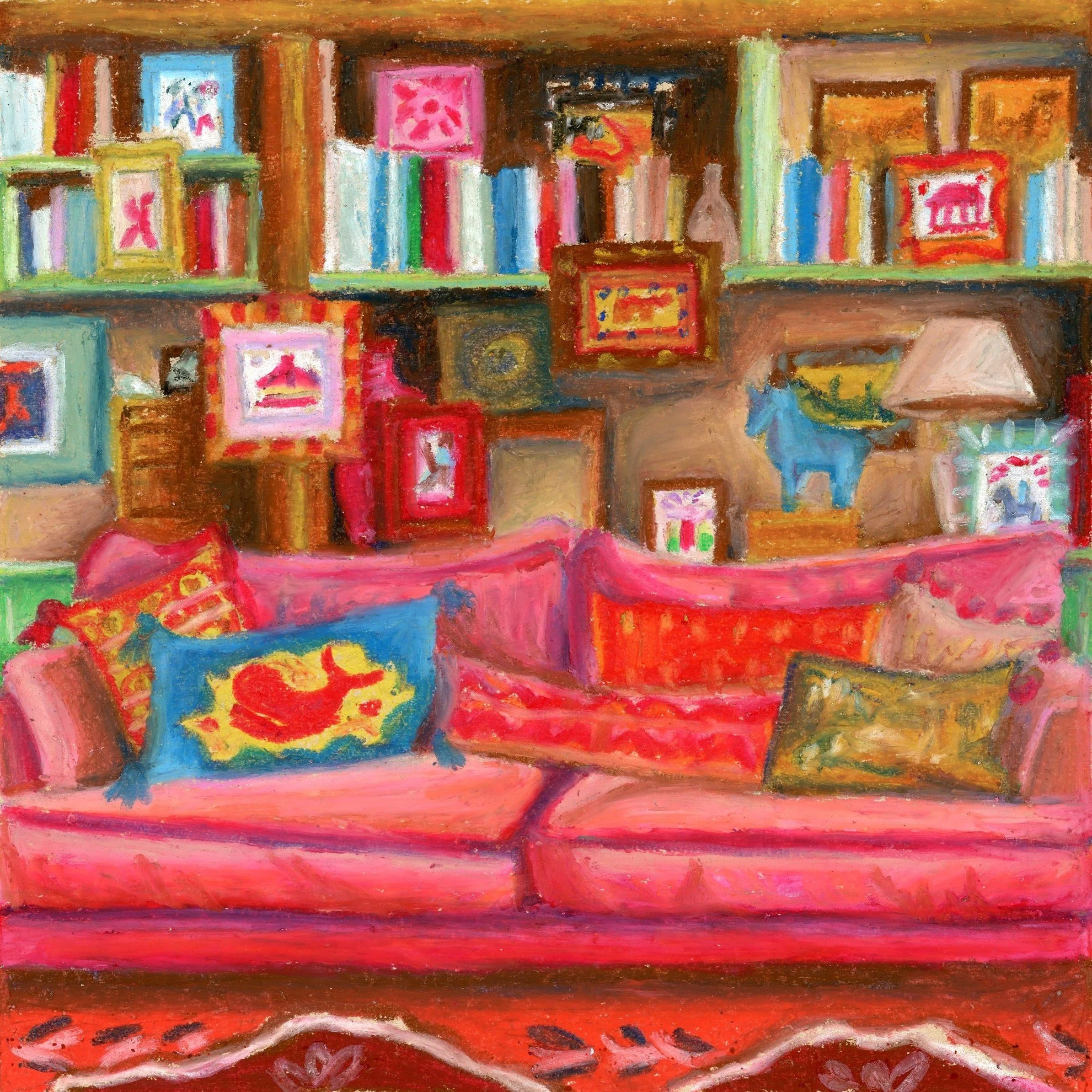 Living Room in the Evening (8" x 8", Oil Pastel on Toned Paper) - Sold