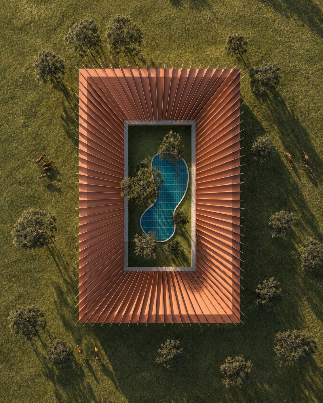 Aerial view of a rectangular structure with a curved swimming pool inside, surrounded by a modern, open-air roof supported by evenly spaced beams, with green grassy area and scattered trees and horses outside.