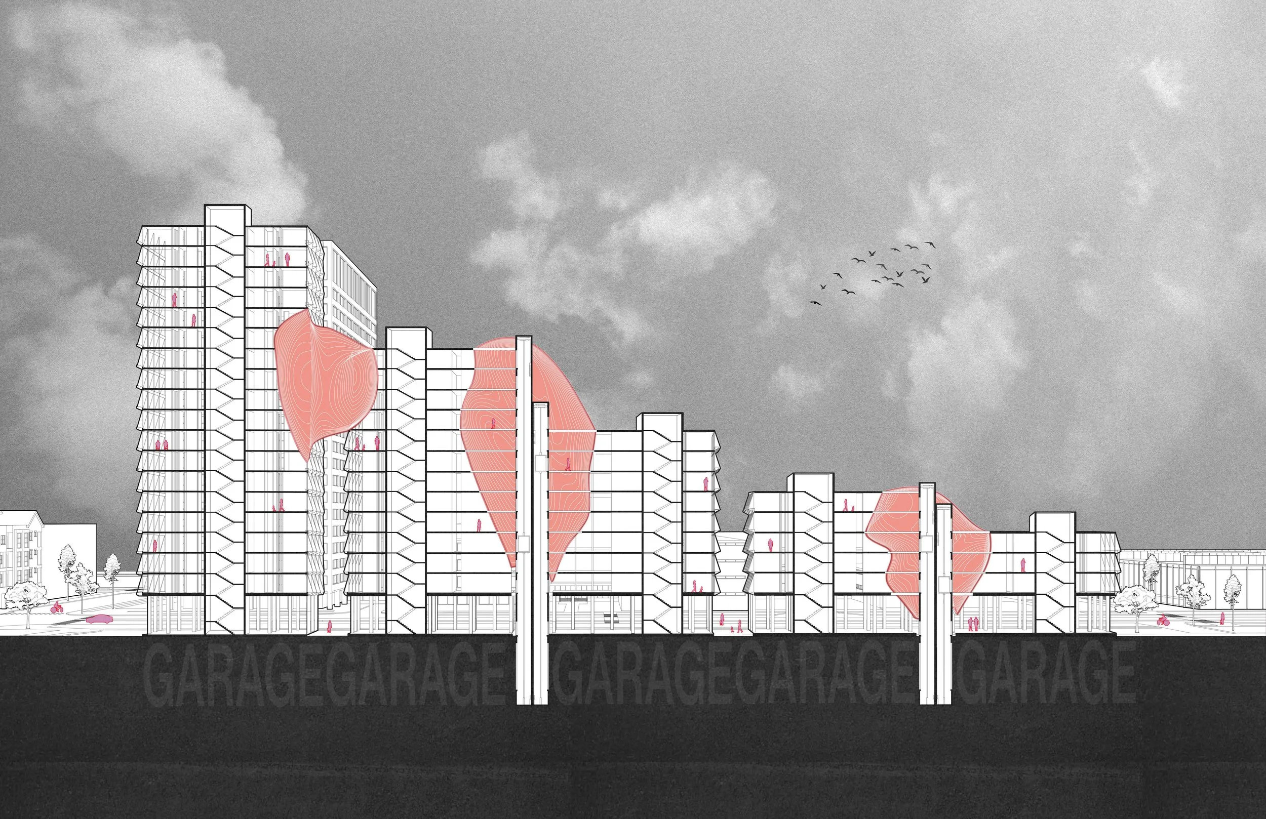 Drawing of a modern multi-story building with sections highlighted in red, showing interior layouts and people walking inside, set against a cloudy sky background.