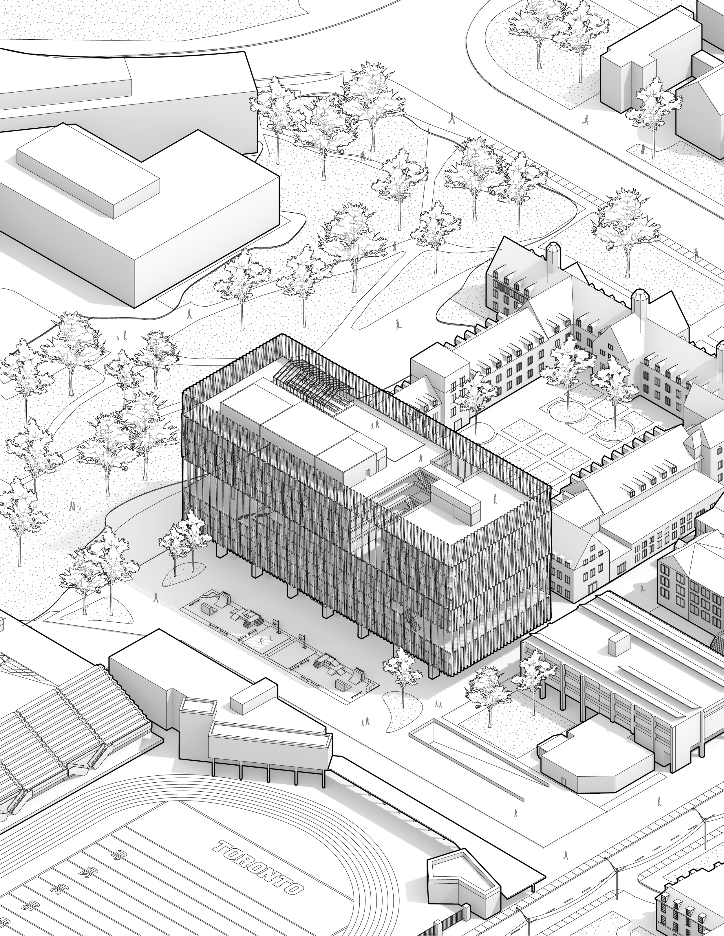 A detailed black and white architectural illustration of an urban park and surrounding buildings showing pathways, trees, and sports field labeled "TORONTO."