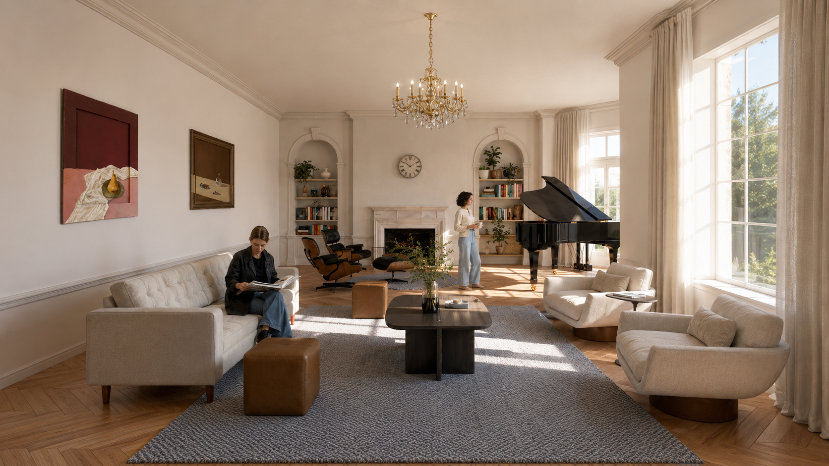 Spacious living room with large windows, cream-colored sofas, a black grand piano, a fireplace, built-in bookshelves, and two women, one reading on a sofa and the other near the piano, with elegant décor and hardwood floors.