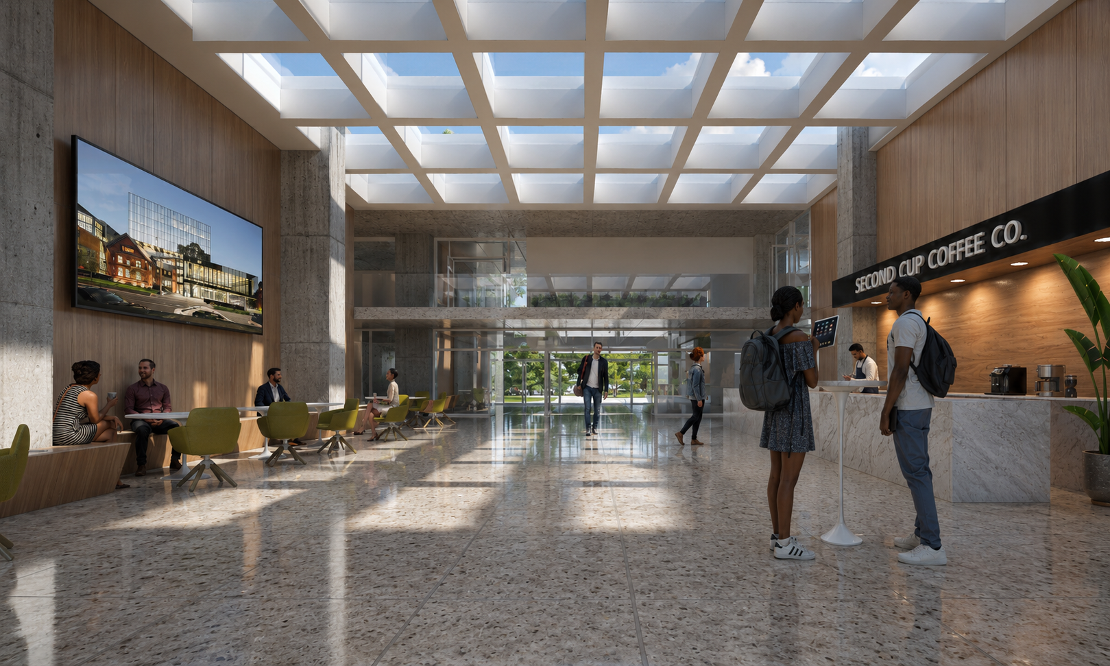 Modern hotel lobby with seating area, large window skylights, people walking and talking, and a coffee counter on the right labeled 'Second Cup Coffee Co.'