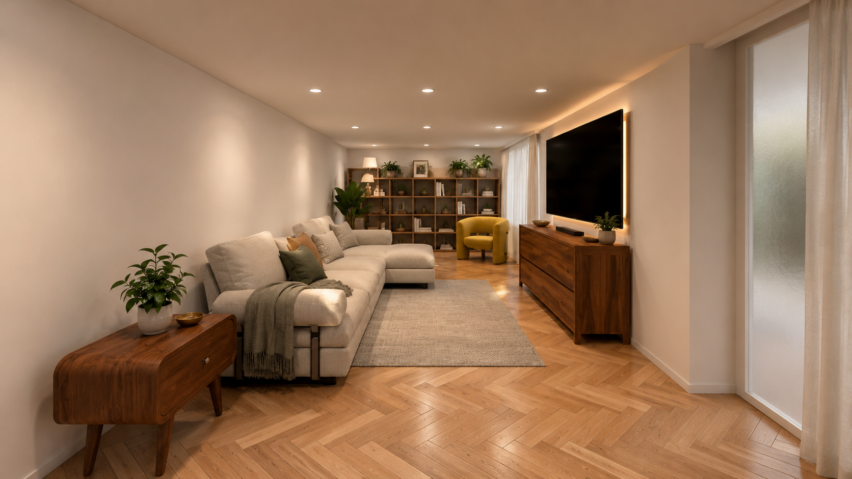 Living room with beige sectional sofa, wooden side tables, potted plants, a large flat-screen TV on a wooden stand, a yellow armchair, bookshelf, and hardwood floors.