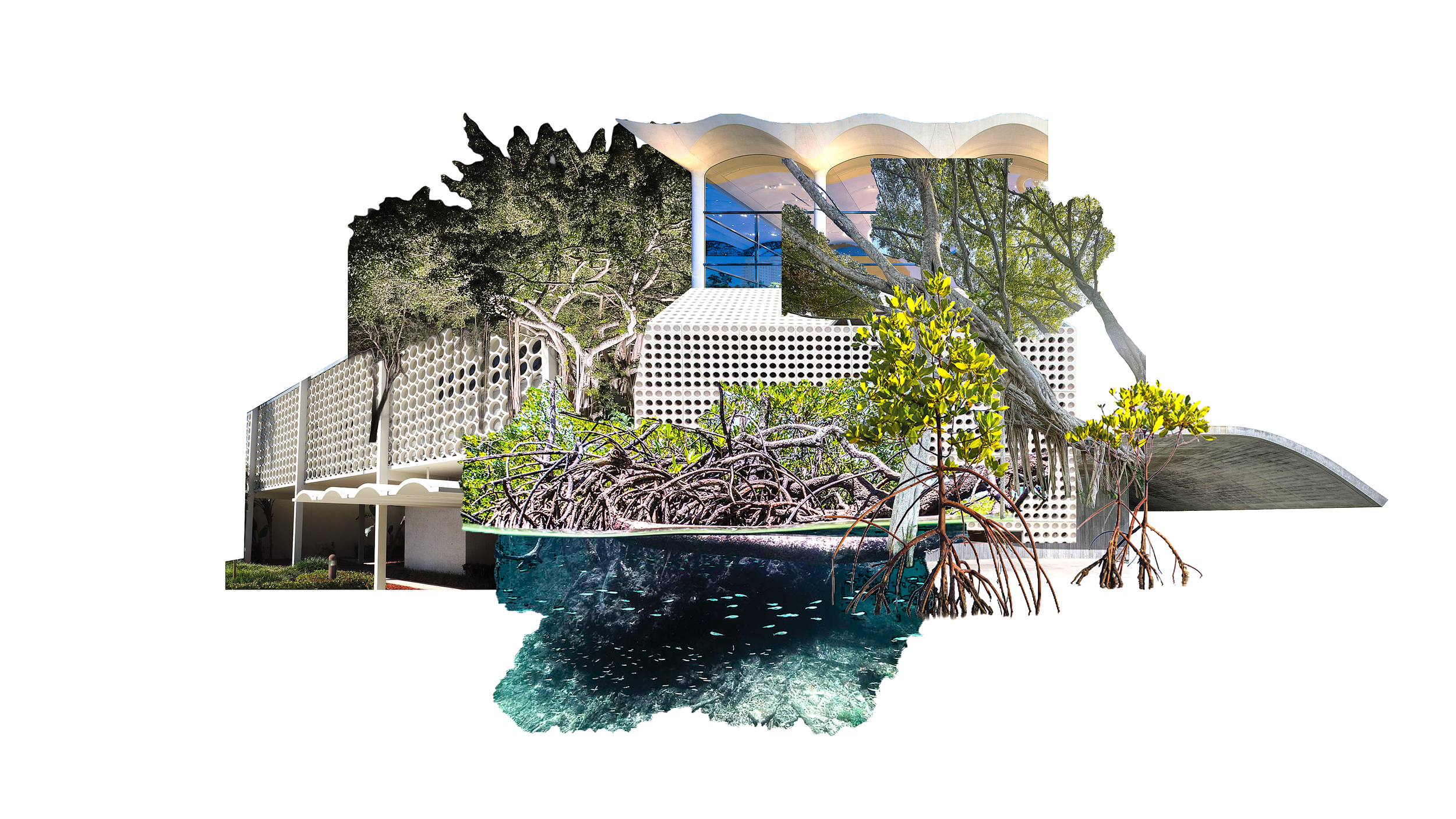 A modern architectural building surrounded by trees and water, with a unique roof design, white perforated walls, and landscaped greenery.