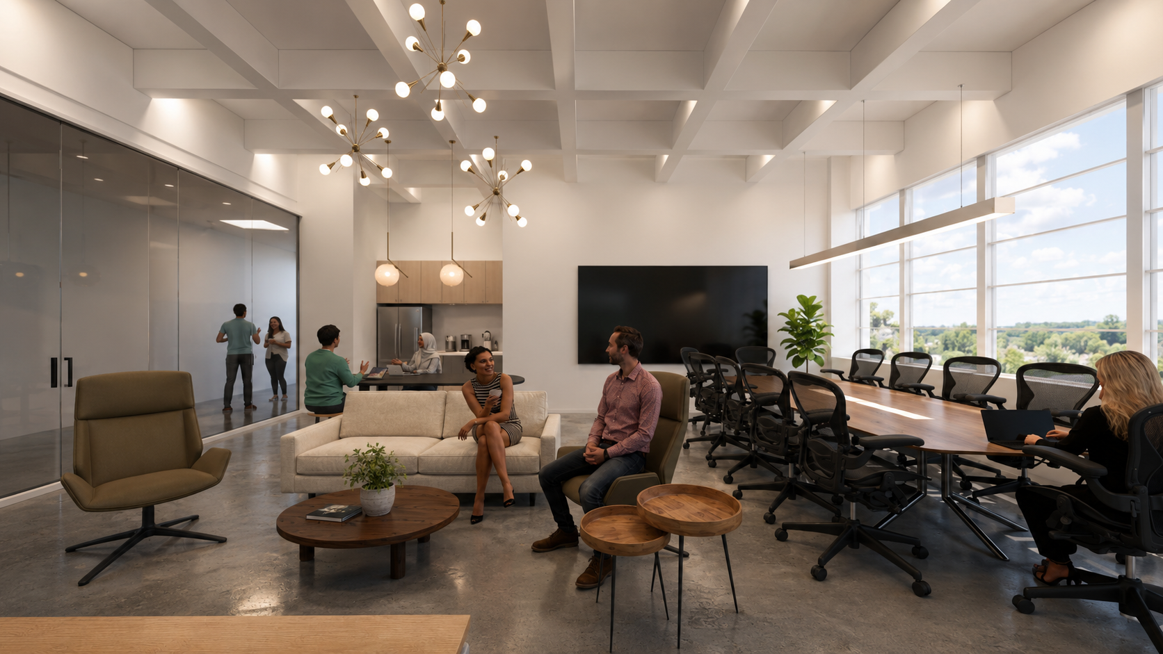 Modern office lounge area with large windows, a long conference table with chairs, a flat-screen TV, and people working and socializing.