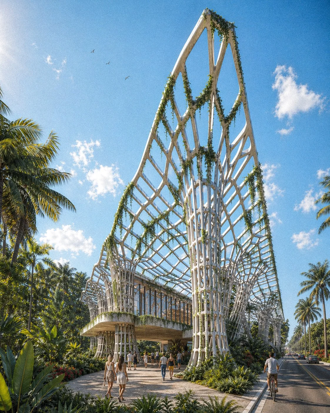 A modern architectural building with an intricate open framework structure, decorated with hanging vines, situated in a tropical environment with palm trees and a bright blue sky.