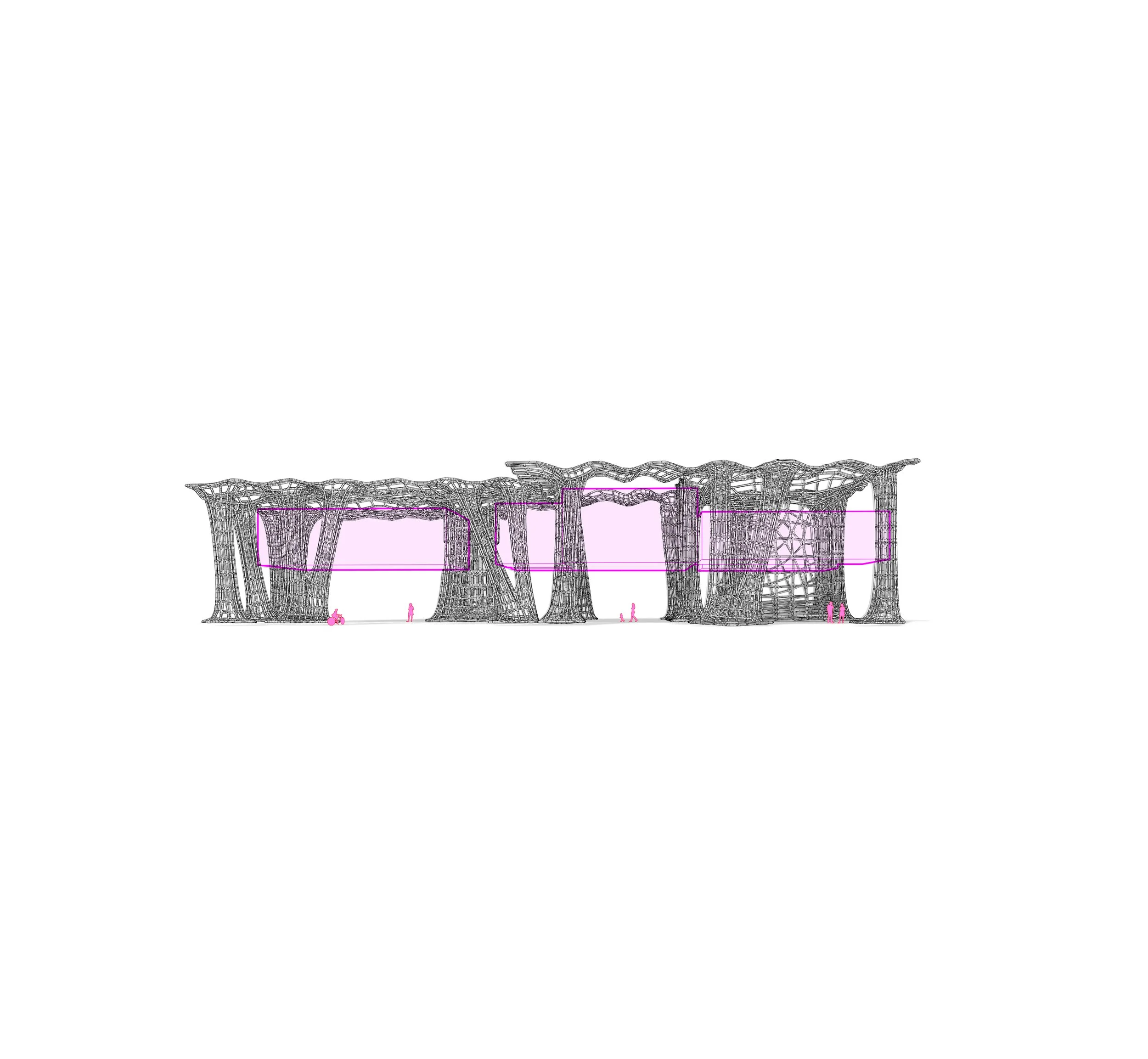 A wireframe architectural model of a modern bridge with multiple supporting pillars and small human figures at the base for scale.