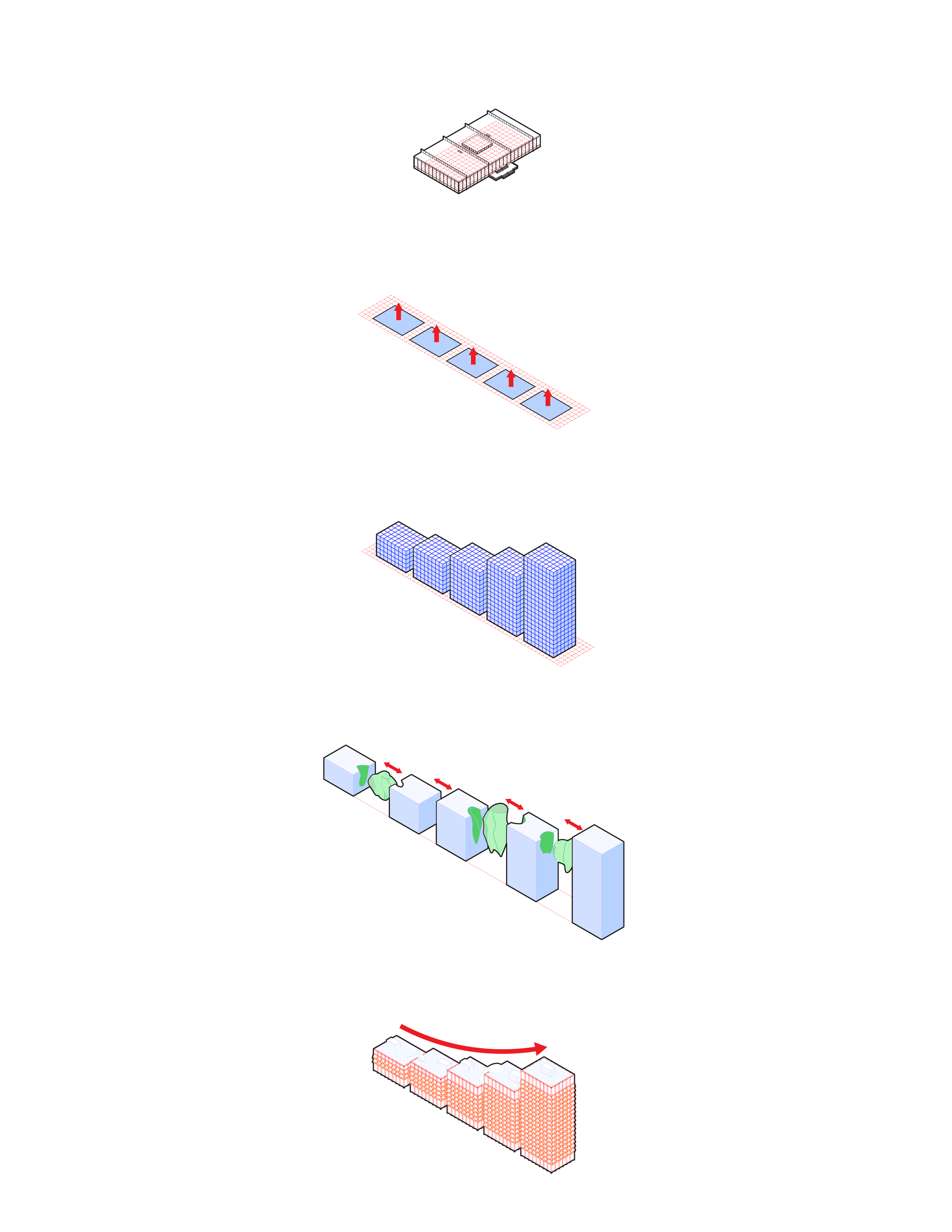 Diagram showing a process from a warehouse to a roof of a building, illustrated with cross-sectional views and arrows indicating movement or workflow.